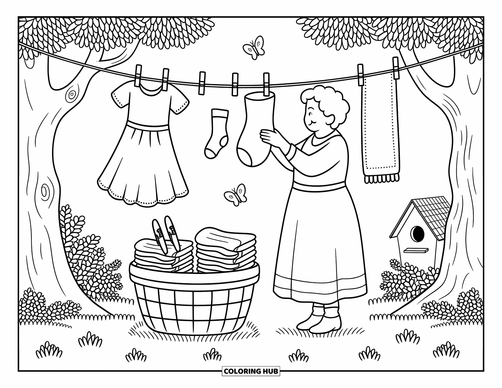 Grandma Coloring Page for Adults: Grandma pins laundry on a clothesline as flowers and butterflies dance nearby