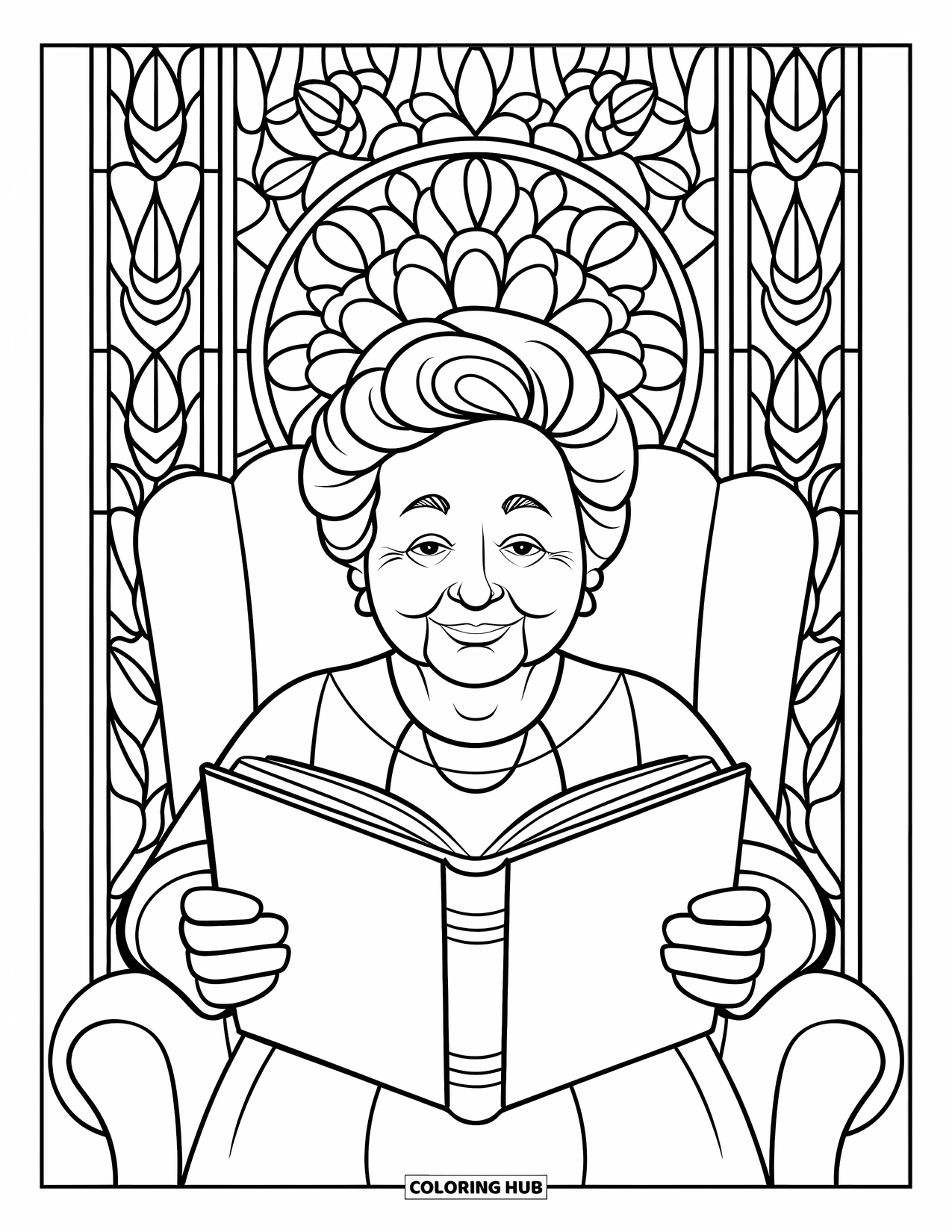 Grandma Coloring Page for Adults: Grandma reads a book with a beautiful stained glass window behind her