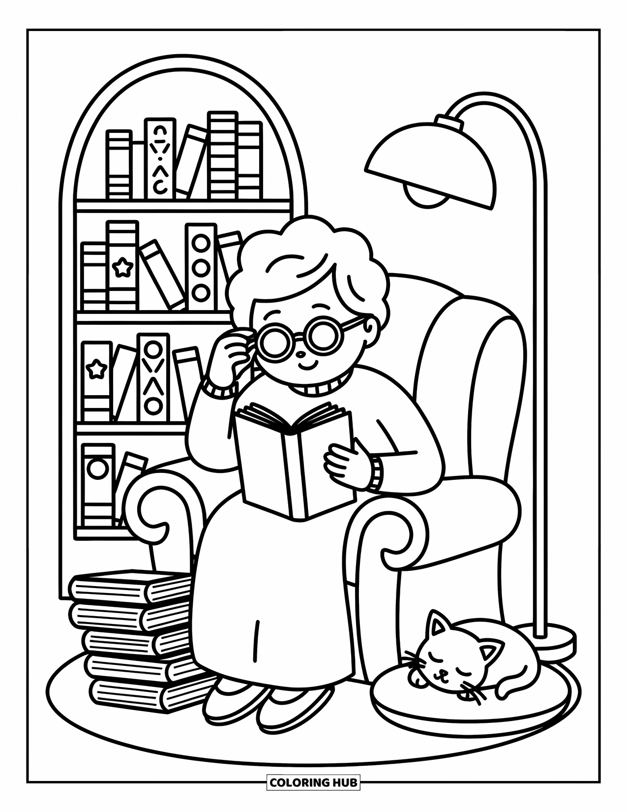 Grandma Coloring Page for Adults: Grandma reads by the bookshelf with a cat and soft lamp glow