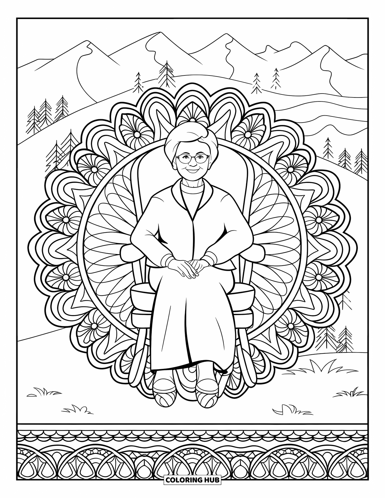Grandma Coloring Page for Adults: Grandma rocks gently in a chair with mandala flowers around her