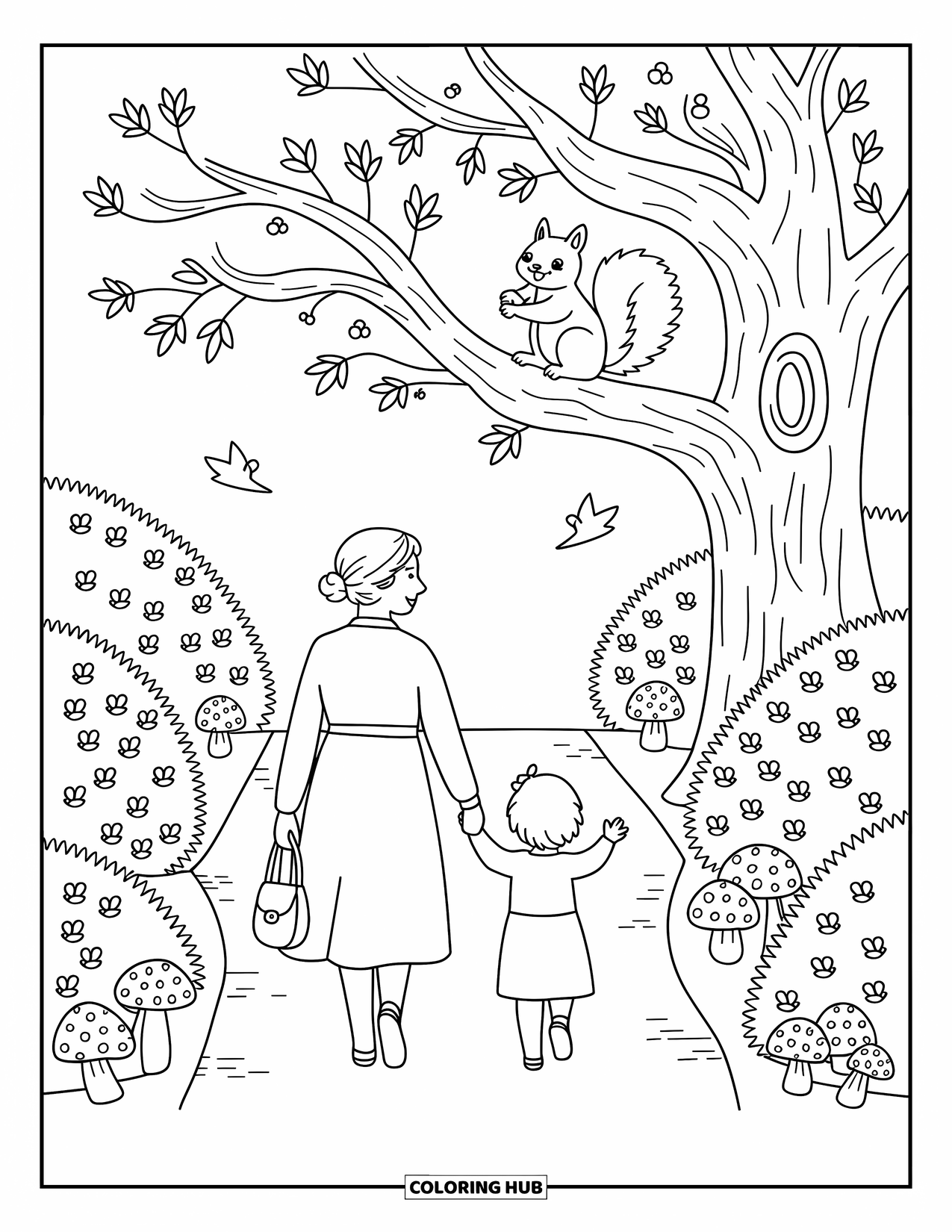 Grandma Coloring Page for Adults: Leaves swirl as Grandma and grandchild walk past trees and berries