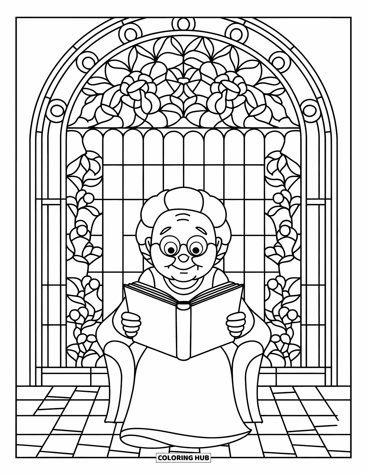 Grandma Coloring Page for Adults: Stained glass shines behind Grandma as she reads in a comfy chair