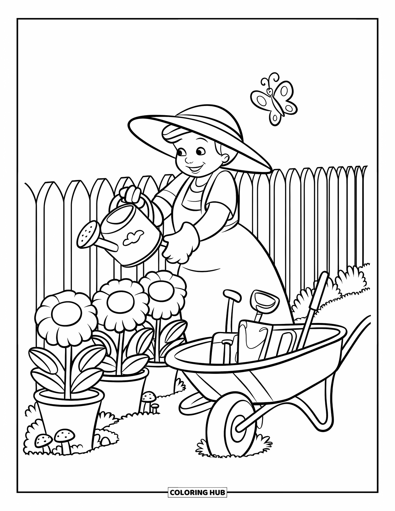 Grandma Coloring Page for Kids: A cheerful garden scene with Grandma, flowers, and garden tools