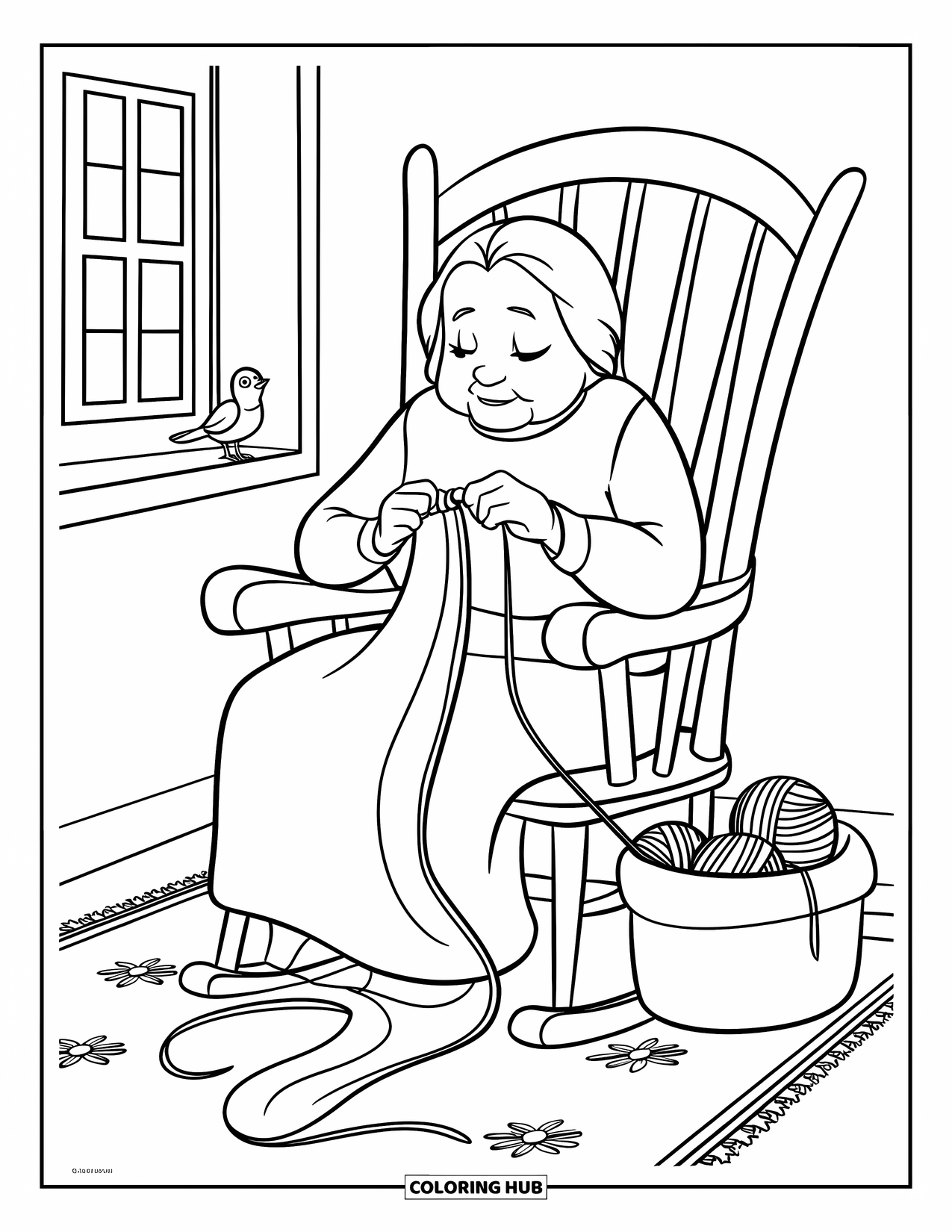 Grandma Coloring Page for Kids: A soft scarf trails as Grandma knits peacefully by the window