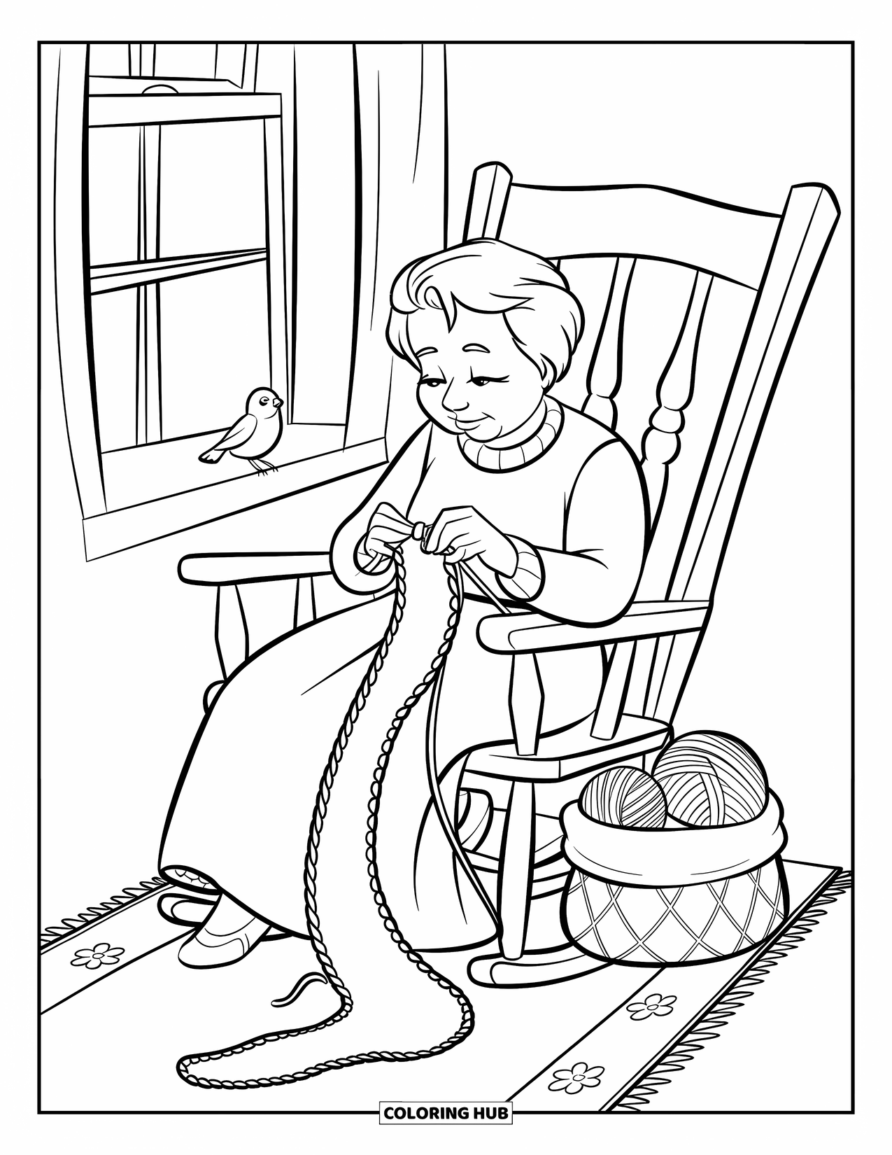 Grandma Coloring Page for Kids: Cozy rocking chair time as Grandma knits with love and care