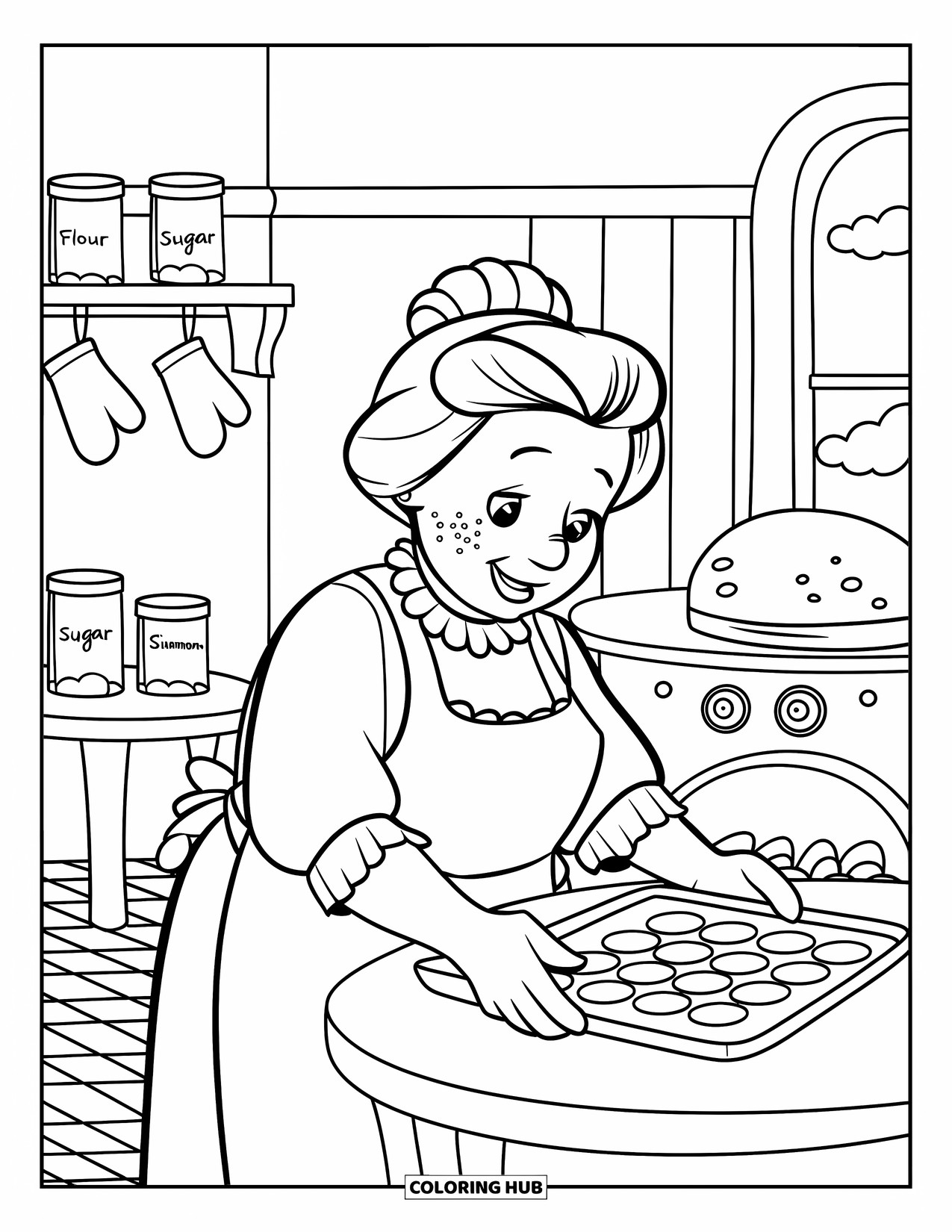 Grandma Coloring Page for Kids: Fresh cookies and floury smiles fill Grandma's charming kitchen