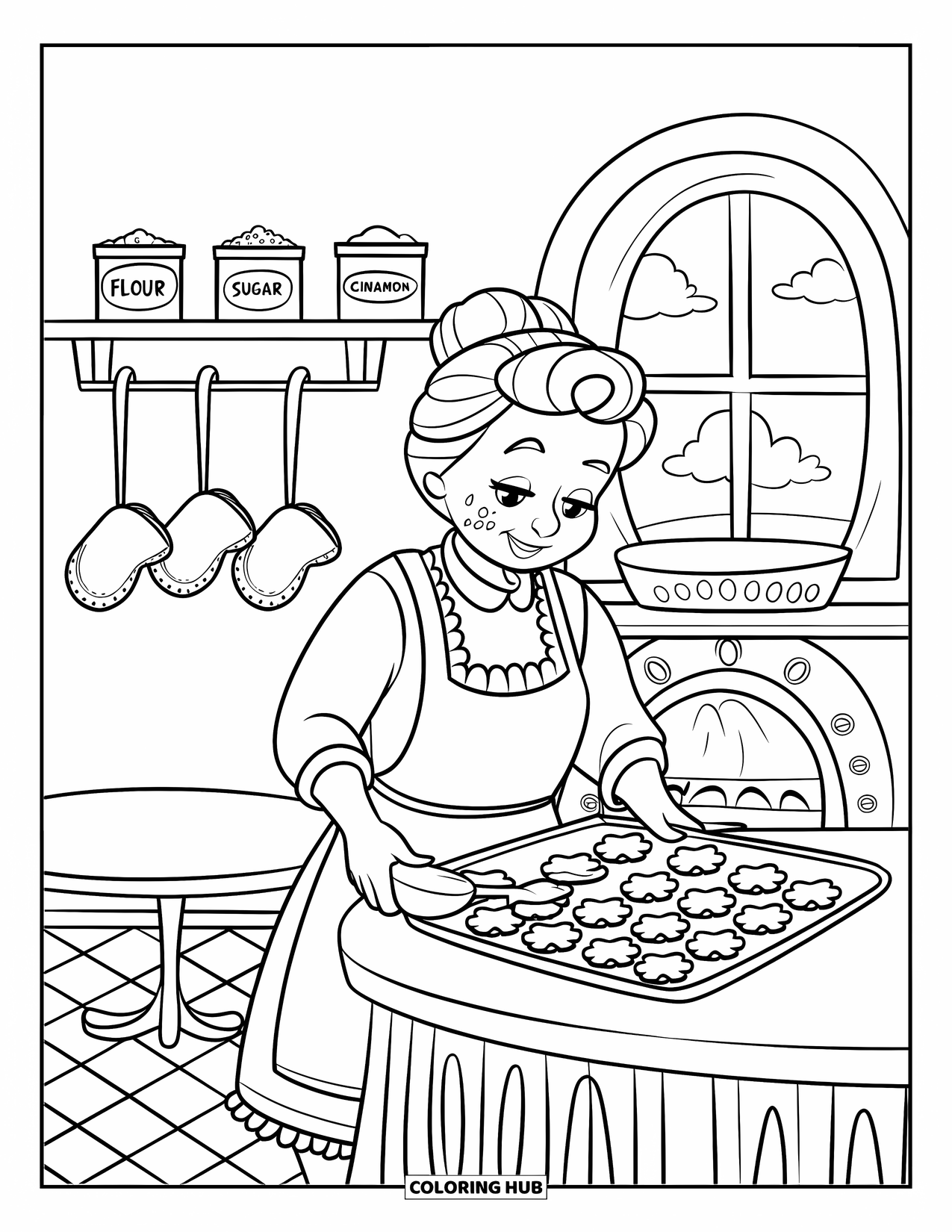 Grandma Coloring Page for Kids: Grandma bakes cookies with love in a kitchen full of homey touches