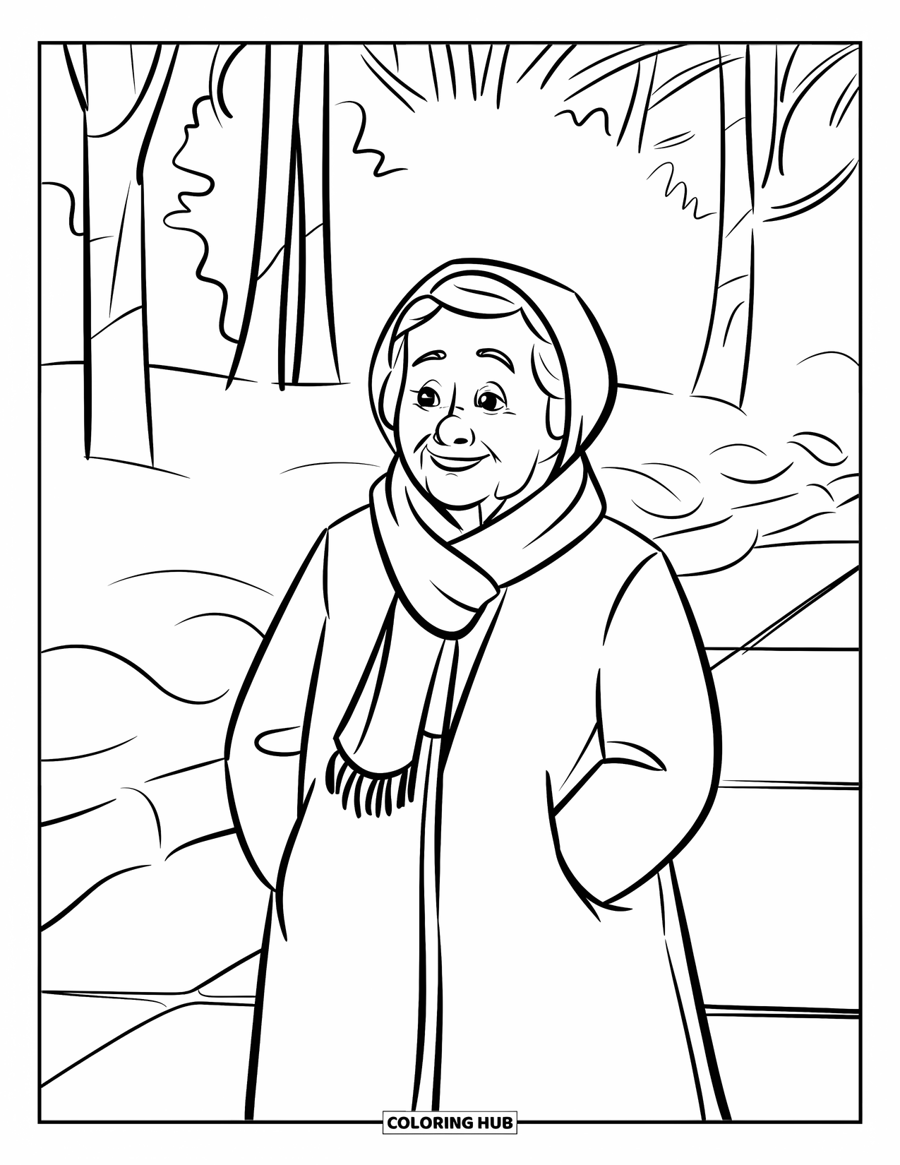 Grandma Coloring Page for Kids: Grandma bundled up in her coat stands outside in a snowy scene