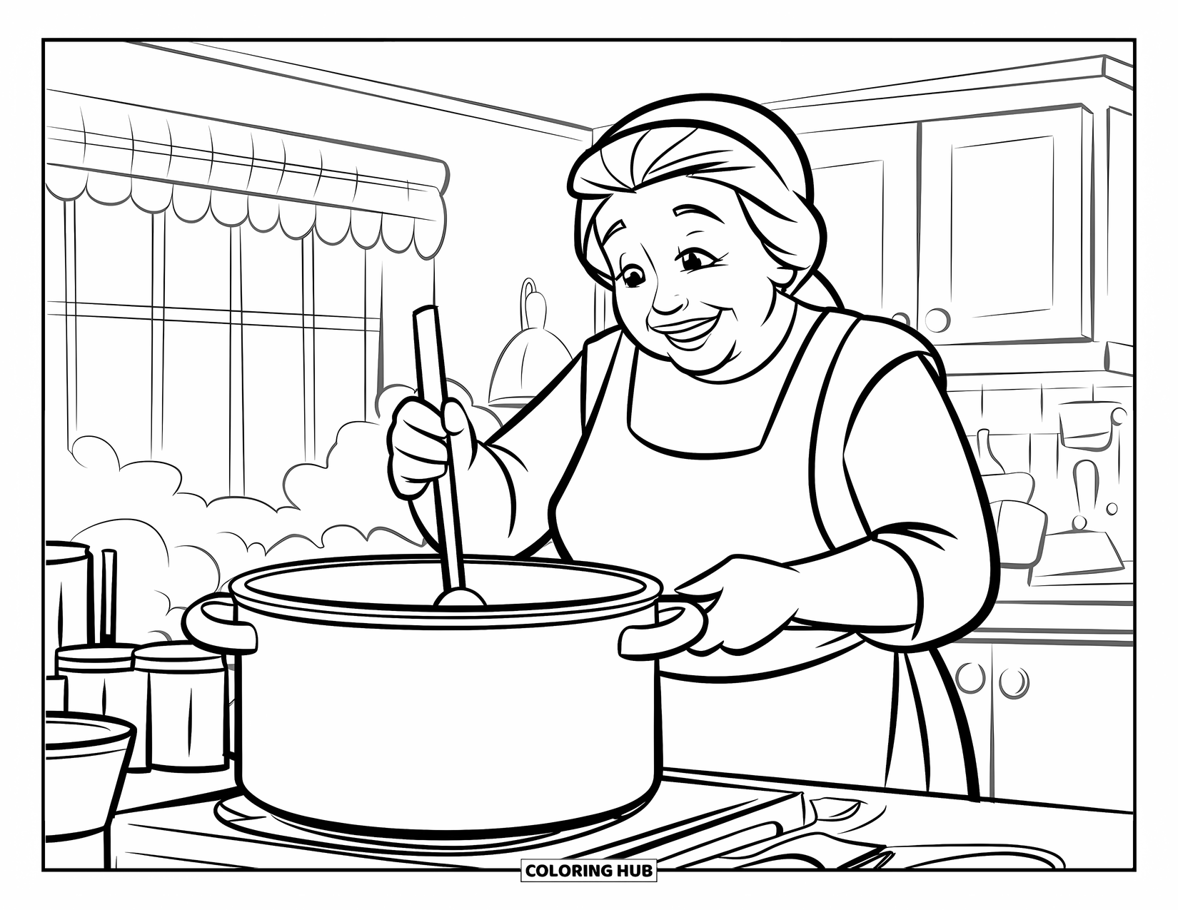 Grandma Coloring Page for Kids: Grandma cooks in a bright kitchen with a bubbling pot