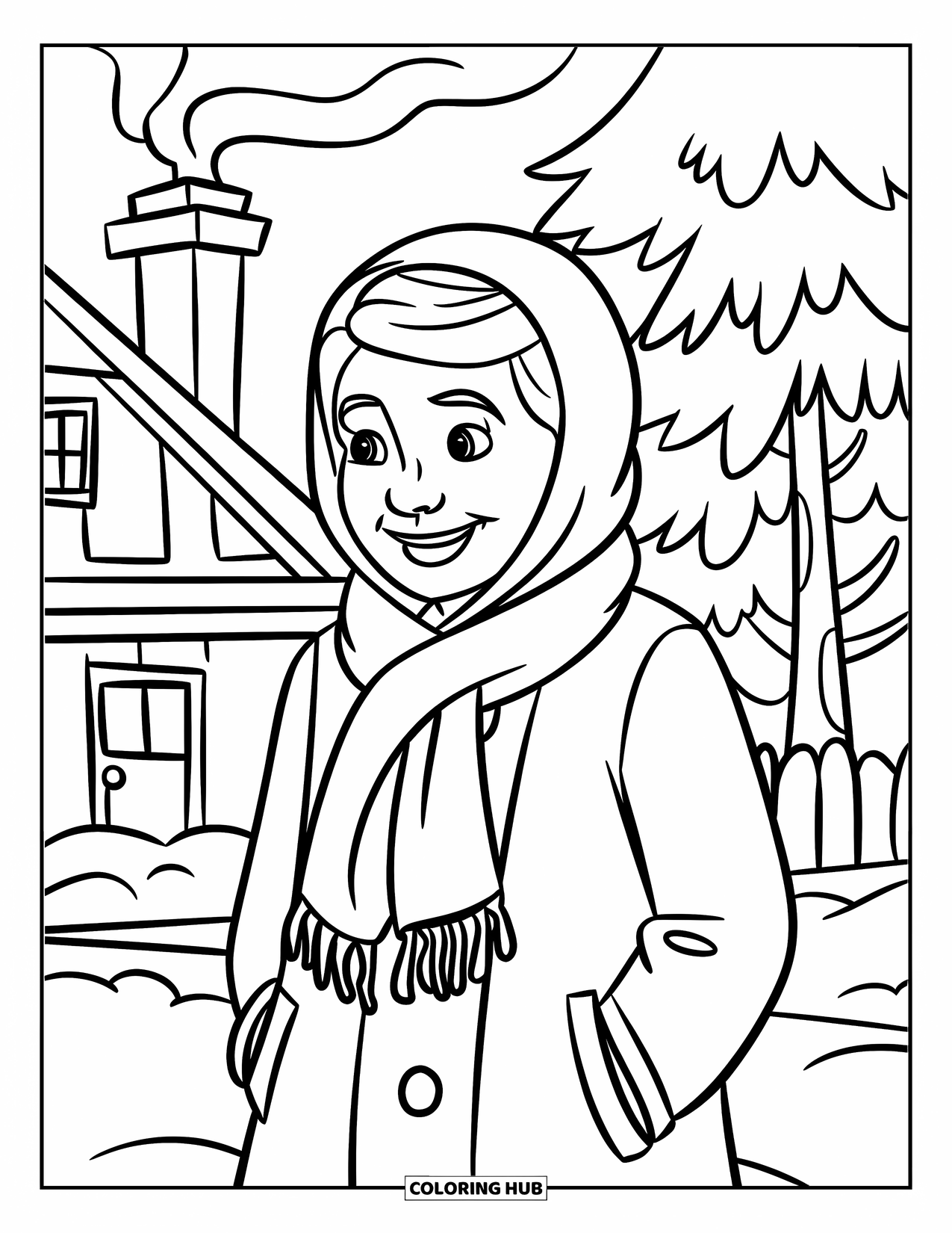 Grandma Coloring Page for Kids: Grandma in a winter coat enjoys the fresh, snowy air