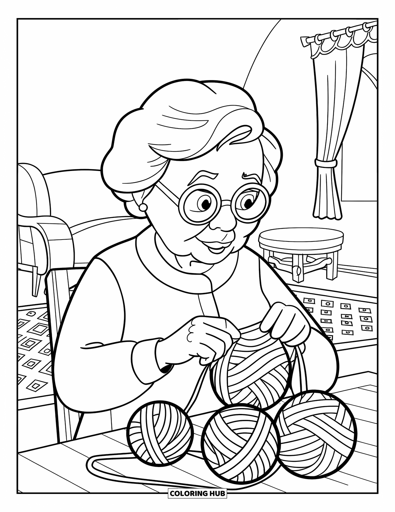 Grandma Coloring Page for Kids: Grandma knits happily in a cozy room with yarn all around