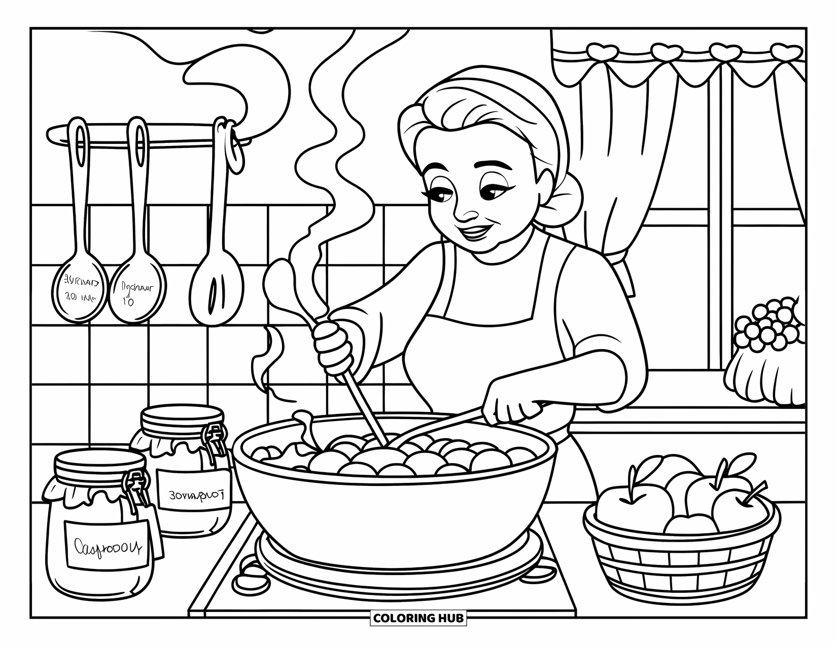 Grandma Coloring Page for Kids: Grandma makes jam with a big pot, fruit jars, and a sunny window