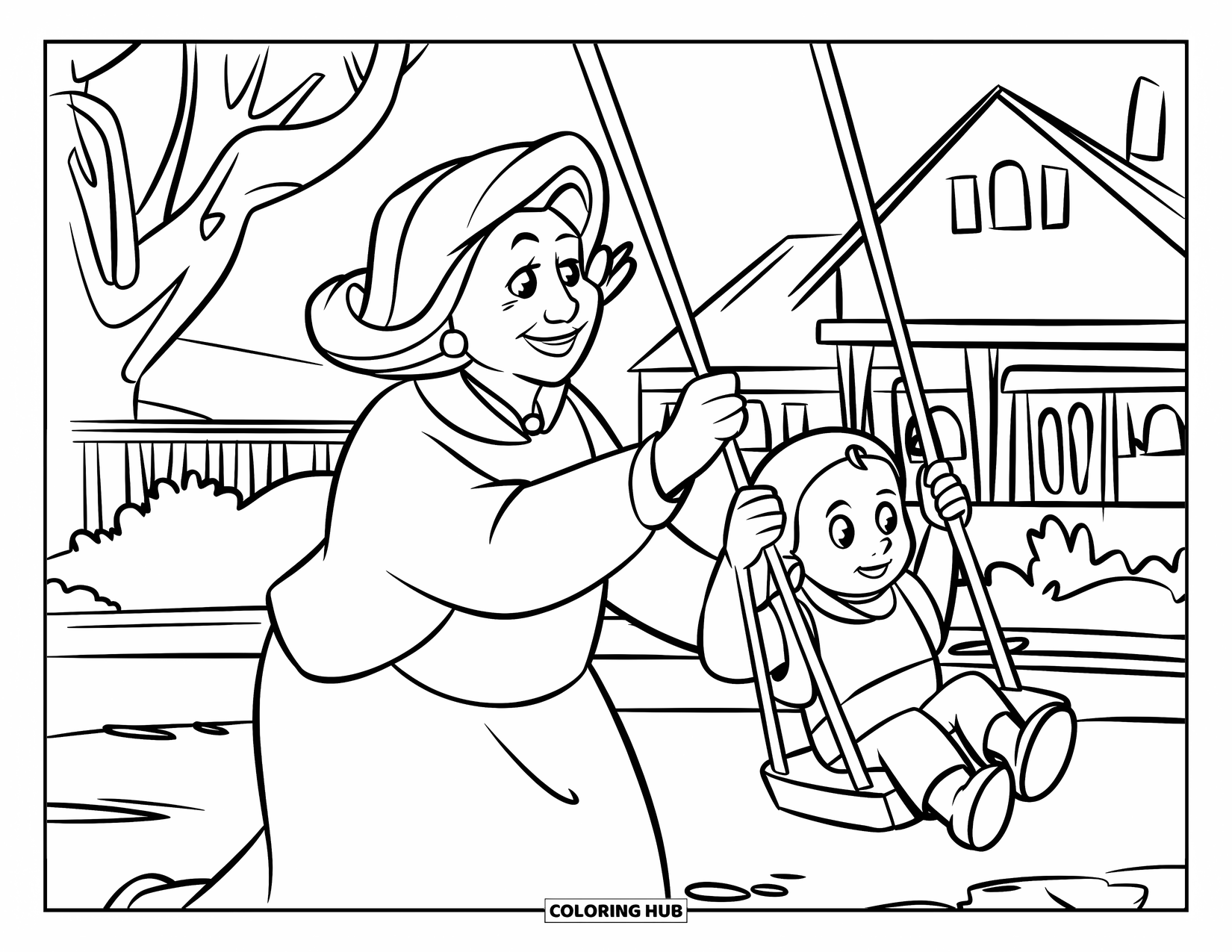 Grandma Coloring Page for Kids: Grandma pushes a child on a swing near trees and a cozy house