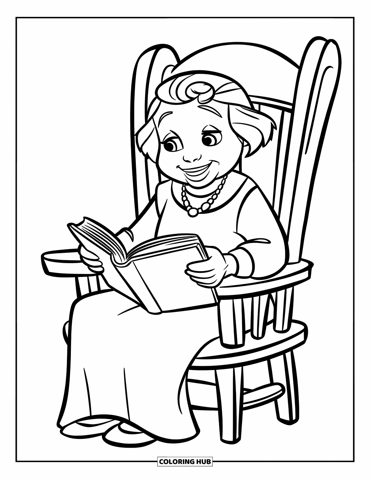 Grandma Coloring Page for Kids: Grandma reads a book while sitting in her favorite chair