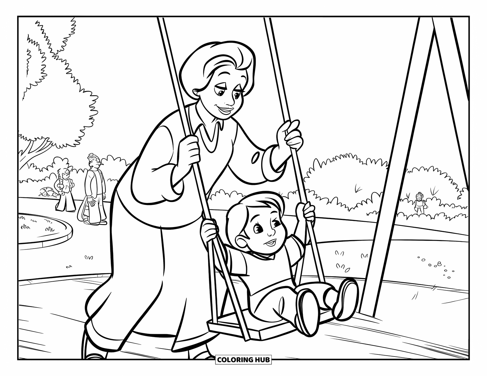 Grandma Coloring Page for Kids: Grandma swings a giggling child under a sky full of trees