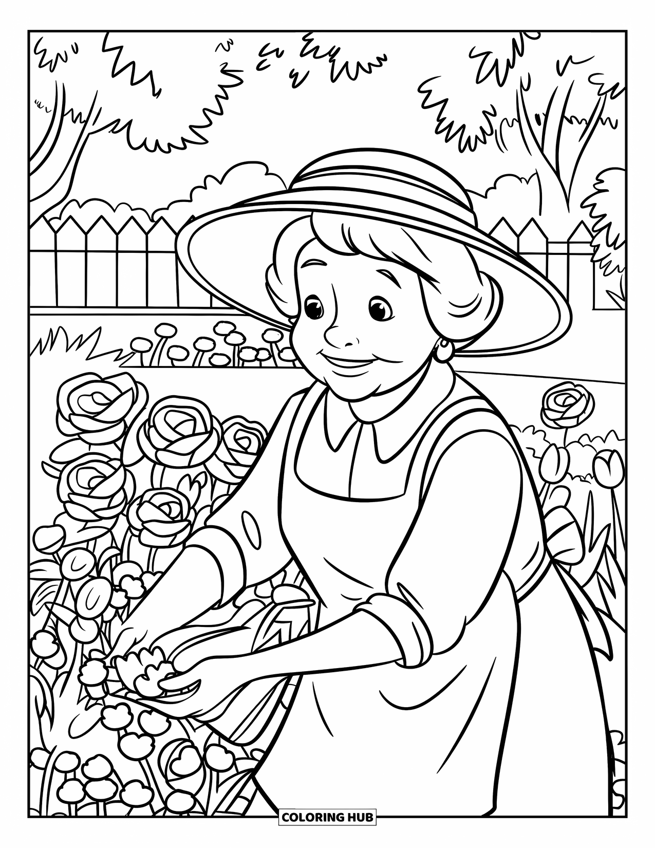 Grandma Coloring Page for Kids: Petals, trees, and Grandma's gentle touch brighten the garden
