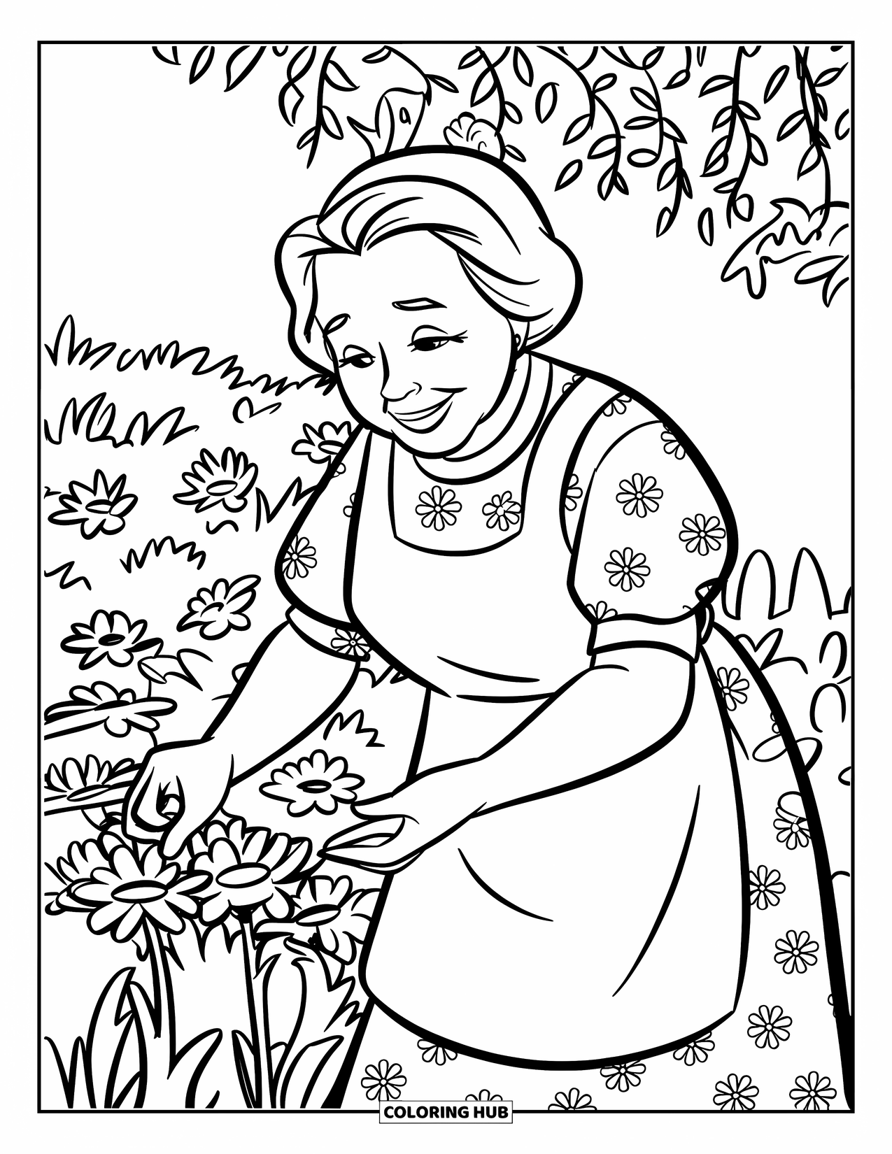 Grandma Coloring Page for Kids: Surrounded by blossoms, Grandma gently gathers flowers