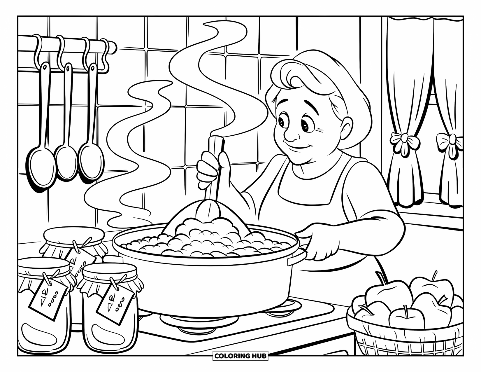 Grandma Coloring Page for Kids: Sweet-smelling steam rises as Grandma cooks fruity goodness on the stove