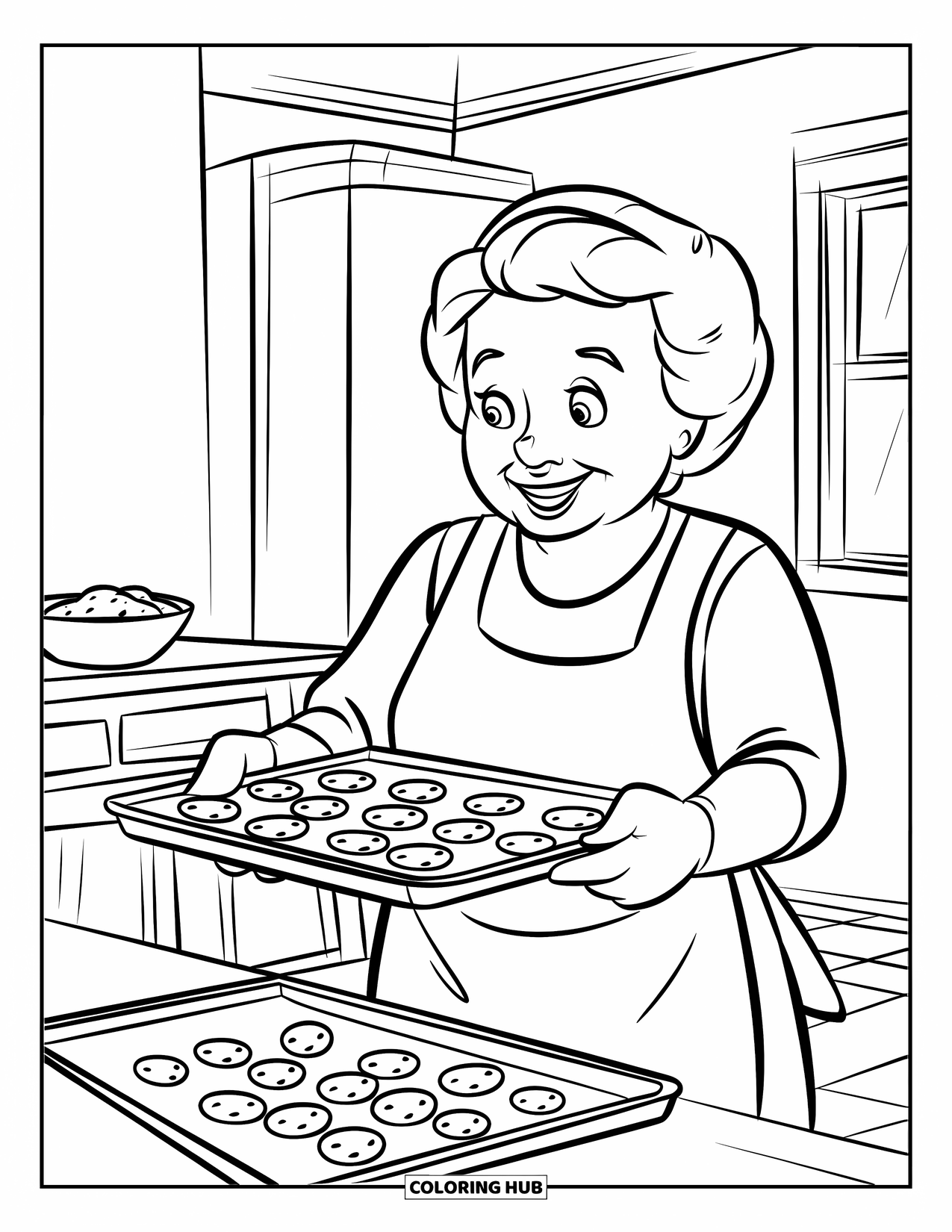 Grandma Coloring Page for Kids: Warm cookies and happy hearts fill Grandma's cheerful kitchen