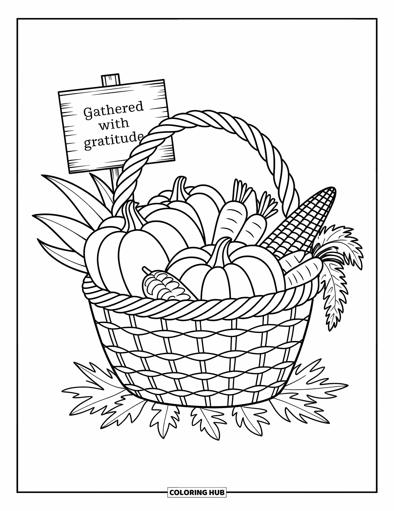Grateful Coloring Page for Adults: A basket overflows with pumpkins, corn, and carrots labeled "Gathered with Gratitude"