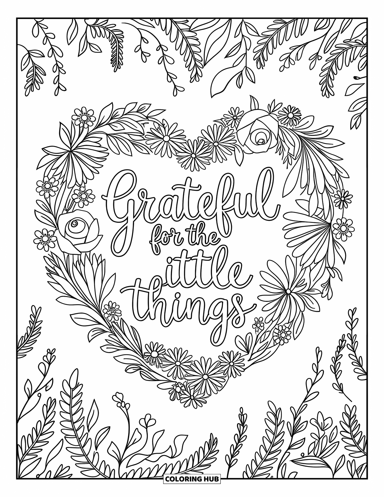 Grateful Coloring Page for Adults: A floral heart wreath encircles "Grateful for the Little Things"