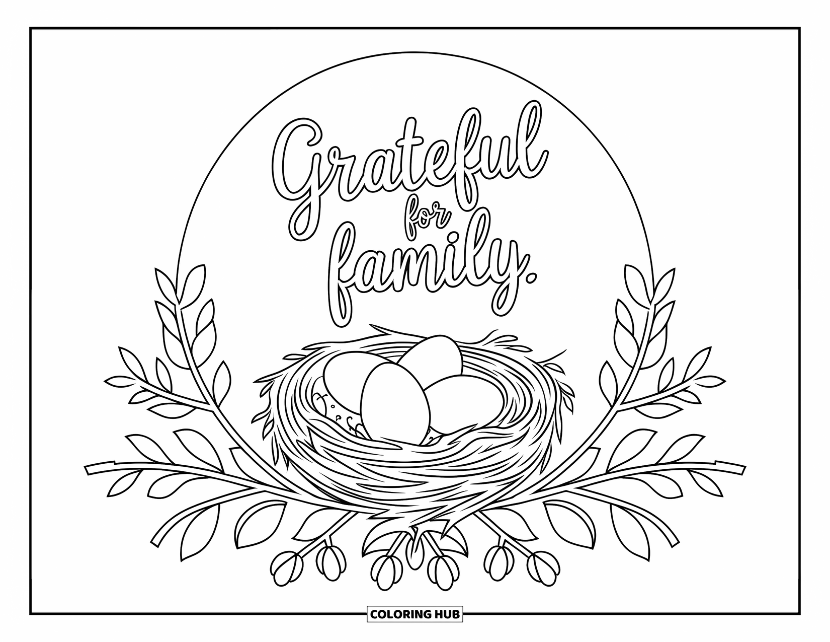 Grateful Coloring Page for Adults: A floral nest on a branch carries the phrase "Grateful for Family"
