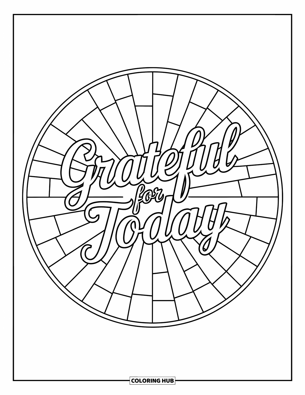 Grateful Coloring Page for Adults: A glowing sunburst shines around the words "Grateful for Today"