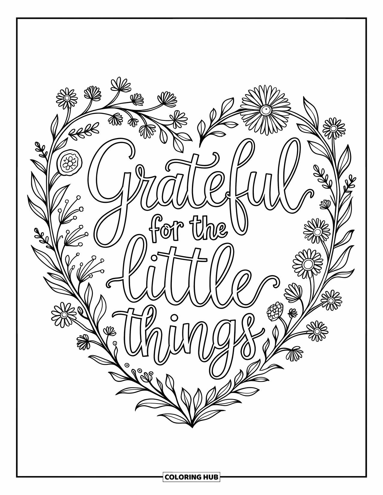 Grateful Coloring Page for Adults: A heart of wildflowers surrounds the phrase "Grateful for the Little Things"