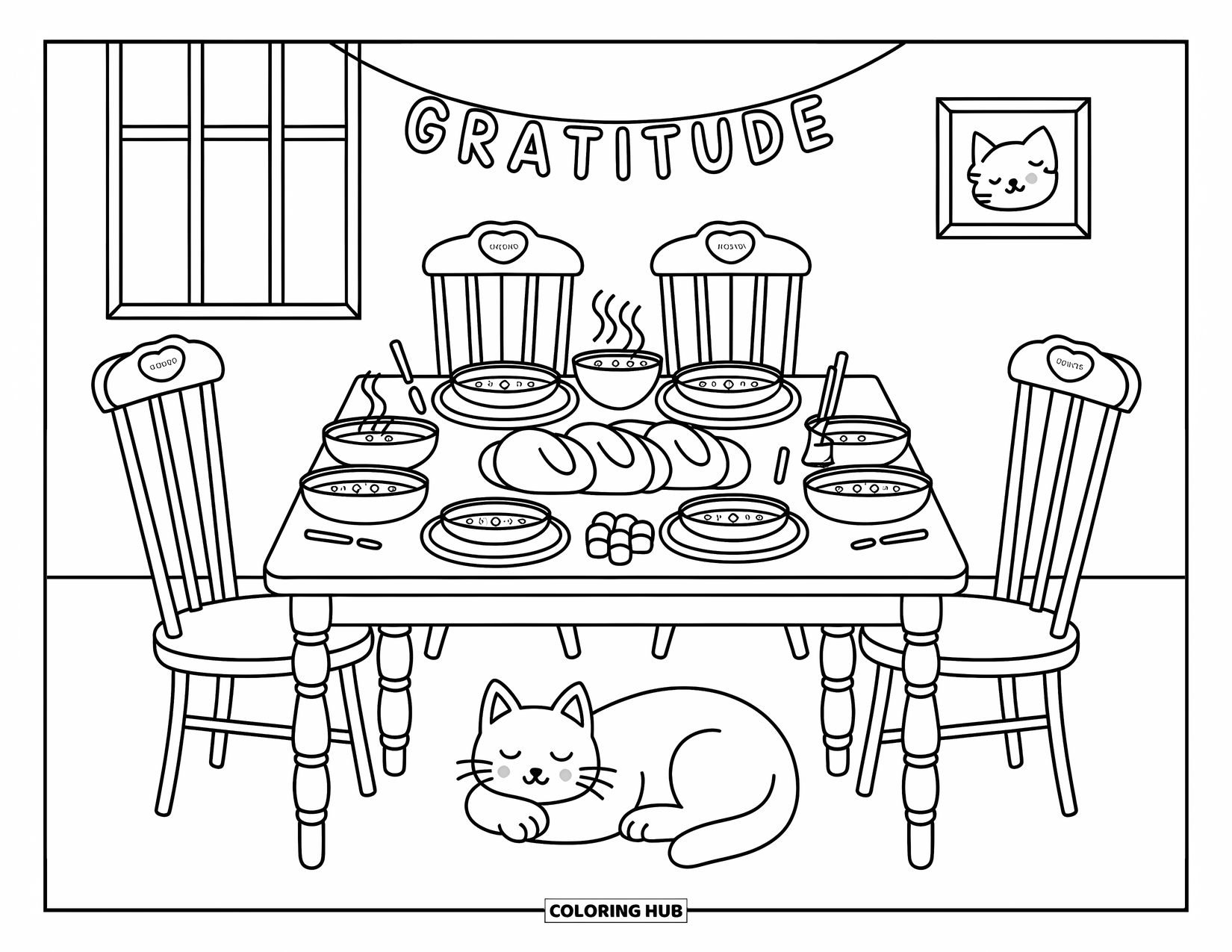 Grateful Coloring Page for Adults: A heartwarming family table glows under a "Gratitude" banner and child's drawing