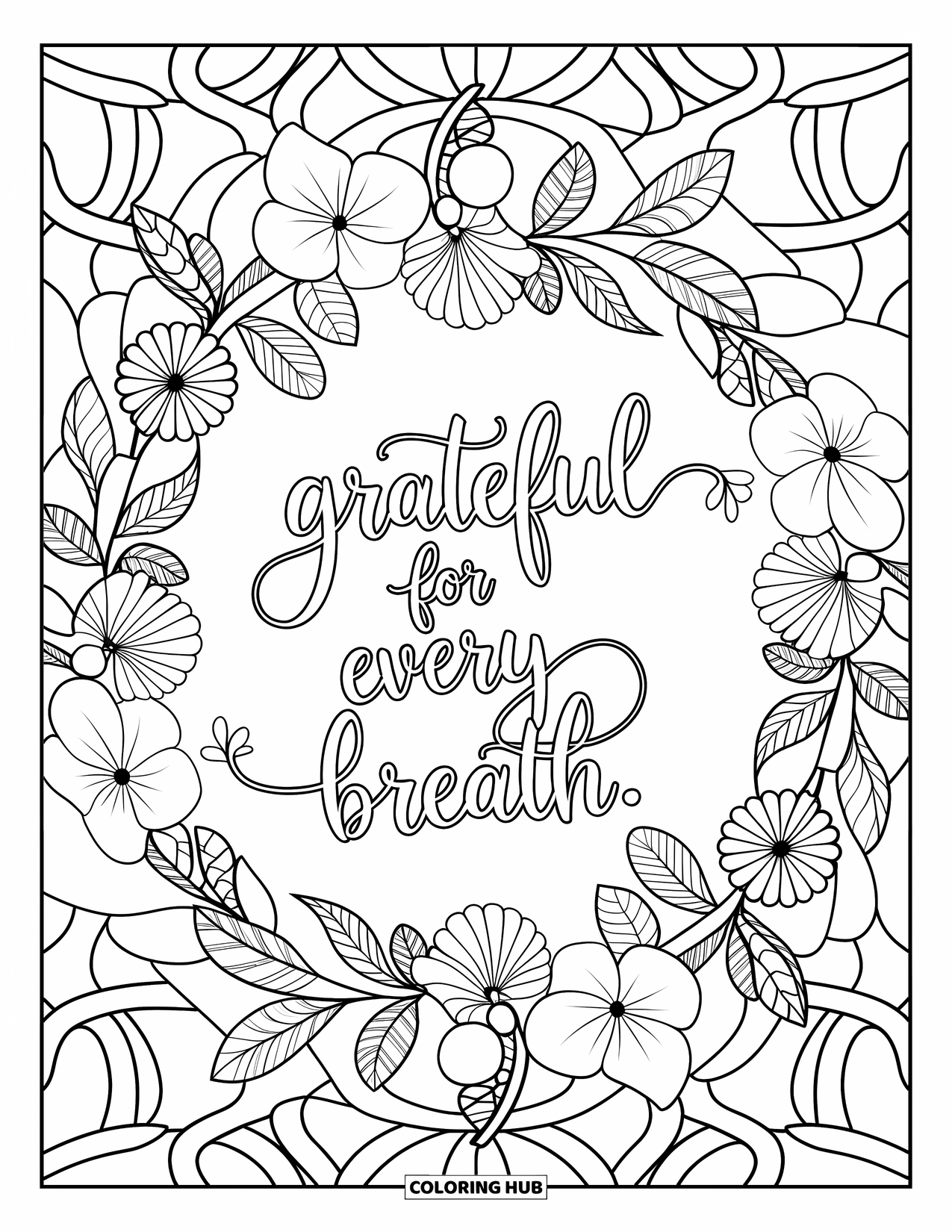 Grateful Coloring Page for Adults: A leafy mandala blooms around "Grateful for Every Breath"