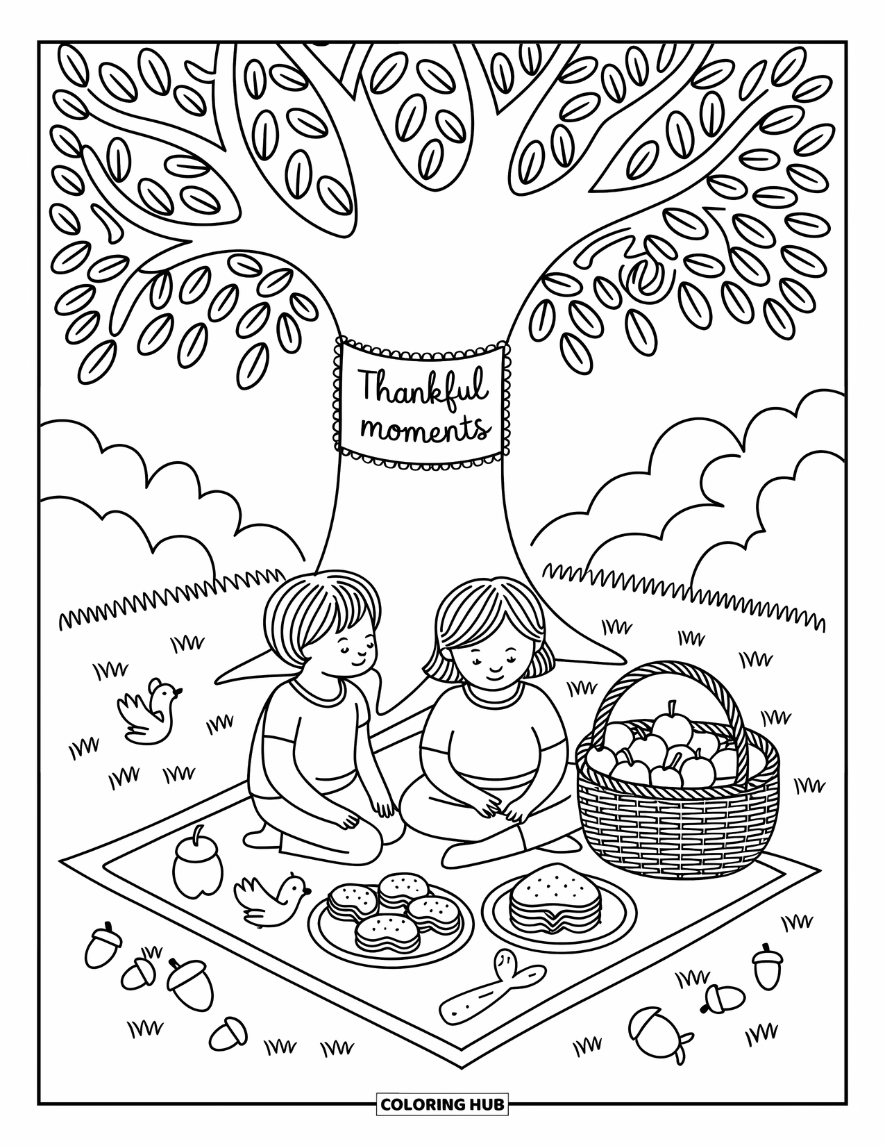 Grateful Coloring Page for Adults: A peaceful forest picnic unfolds beneath the words "Thankful Moments"