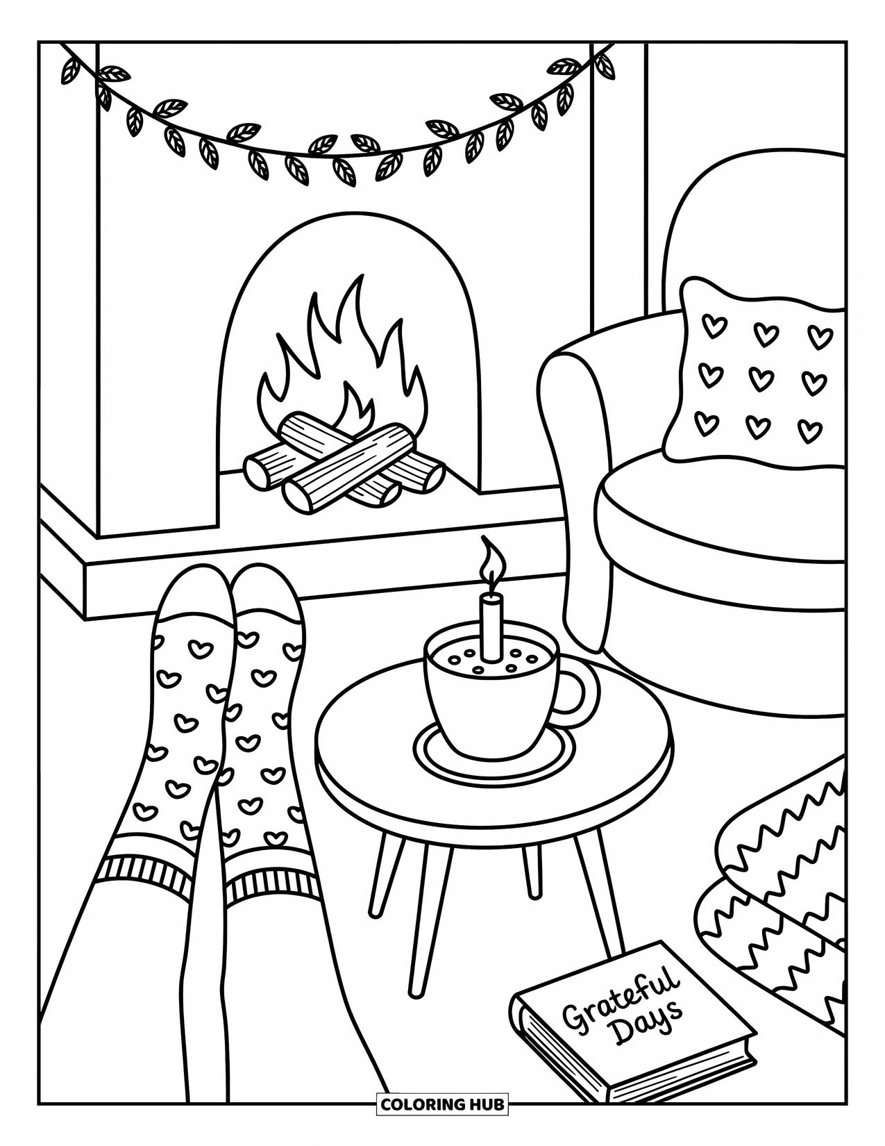 Grateful Coloring Page for Adults: A relaxing moment with cocoa, soft socks, and a glowing fireplace