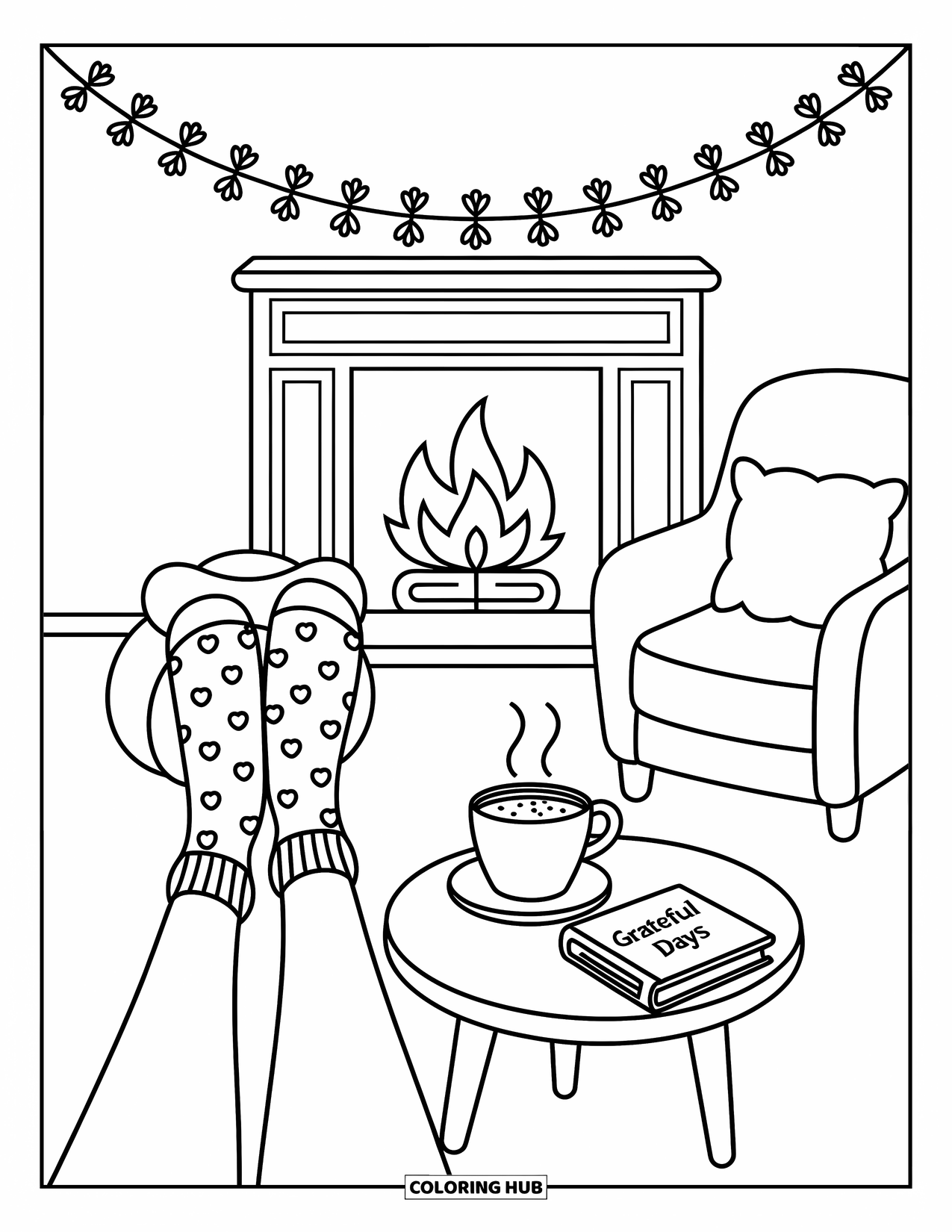 Grateful Coloring Page for Adults: A soft glow surrounds cocoa, a candle, and a book called "Grateful Days"