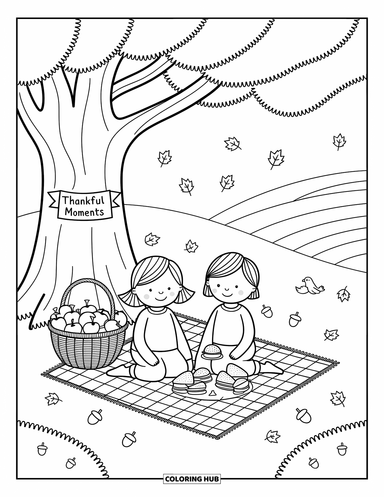 Grateful Coloring Page for Adults: Children share snacks under a tree with a "Thankful Moments" banner above