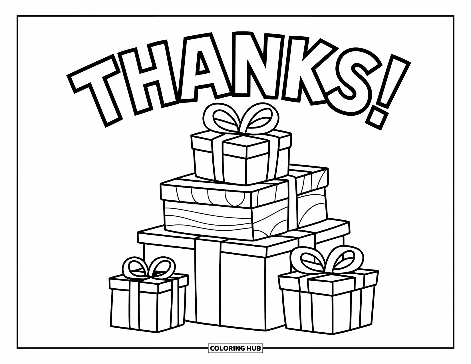 Grateful Coloring Page for Kids: A cheerful stack of gift boxes sits under the word "Thanks!"