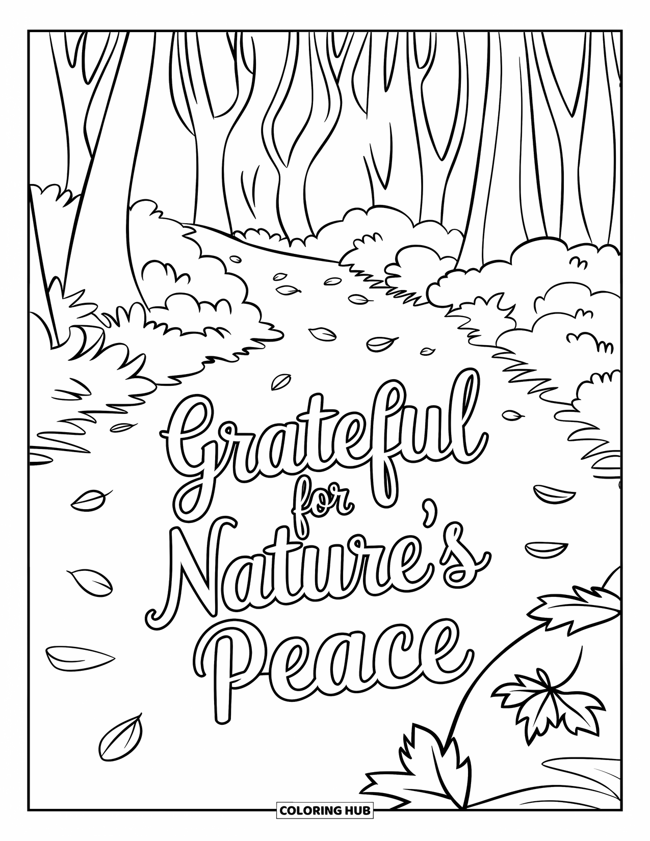 Grateful Coloring Page for Kids: A forest path lined with trees and leaves beneath "Grateful for Nature's Peace"