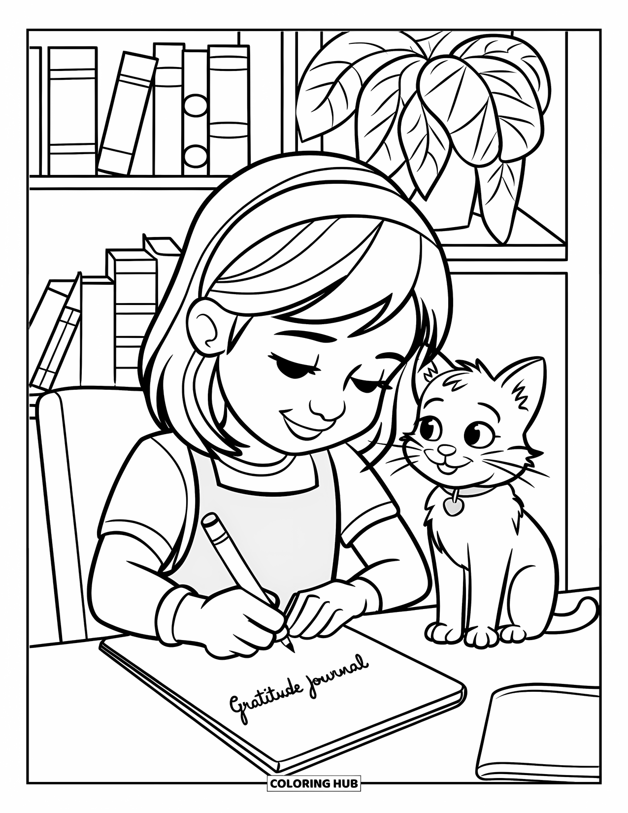 Grateful Coloring Page for Kids: A girl writes in her gratitude journal as her cat watches nearby