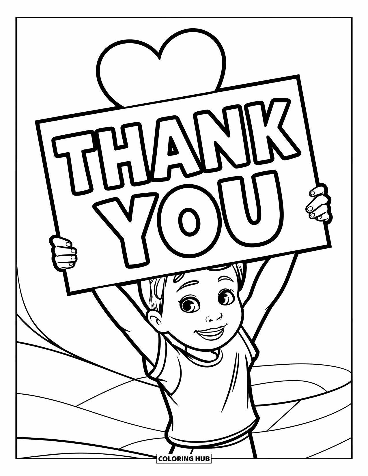 Grateful Coloring Page for Kids: A happy child lifts a giant "Thank You" sign with love