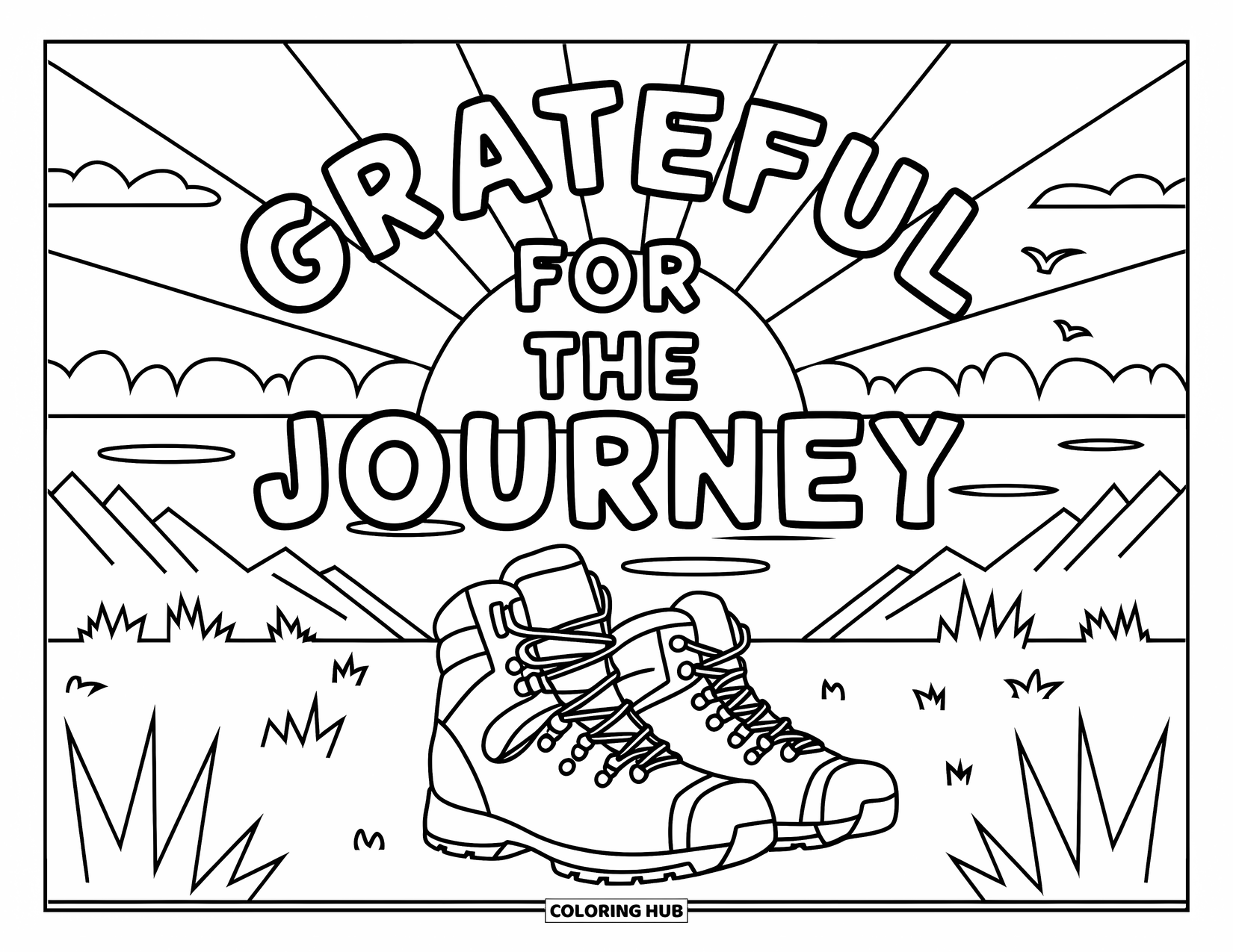 Grateful Coloring Page for Kids: A mountain sunrise scene with boots and the words "Grateful for the Journey"