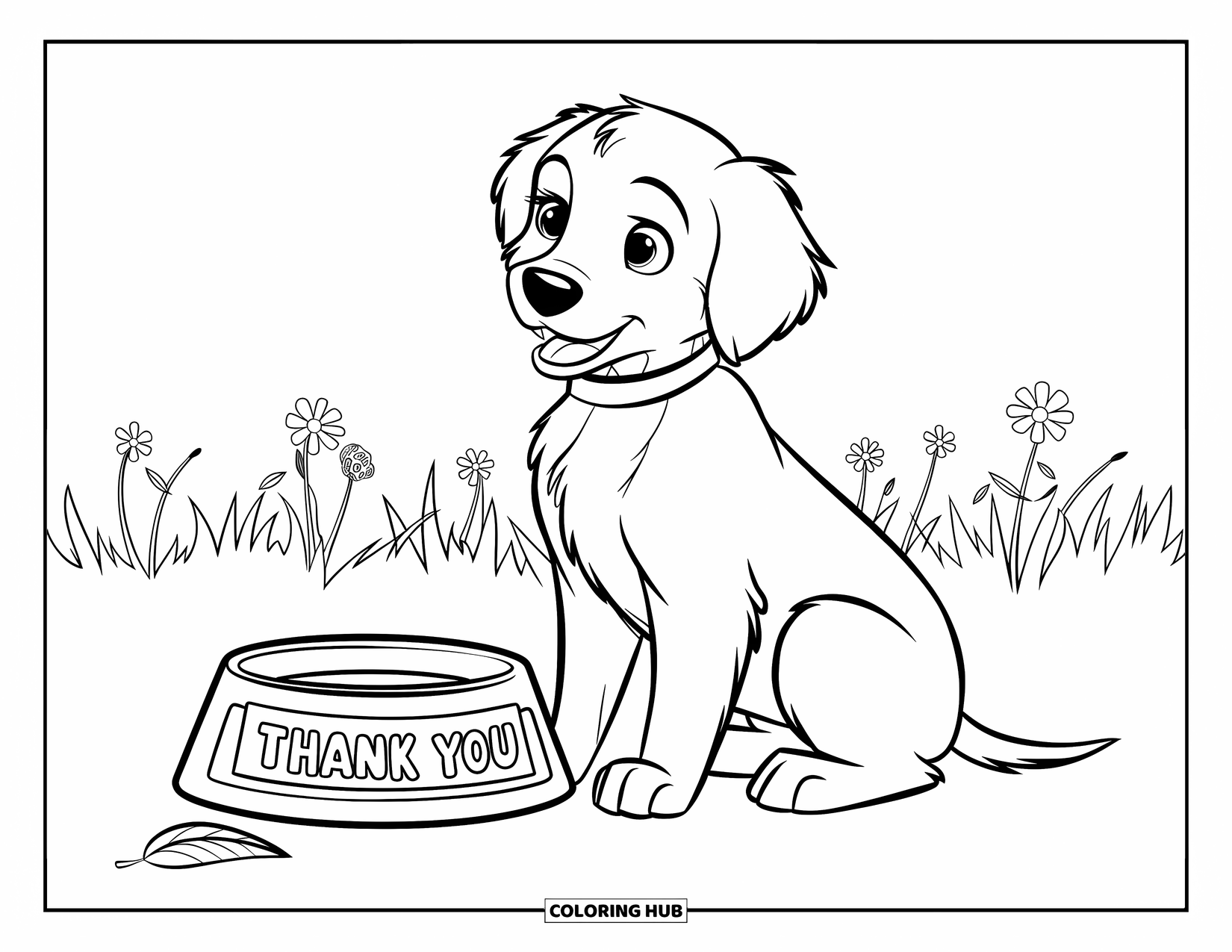 Grateful Coloring Page for Kids: A puppy sits by its food bowl labeled "Thank You"