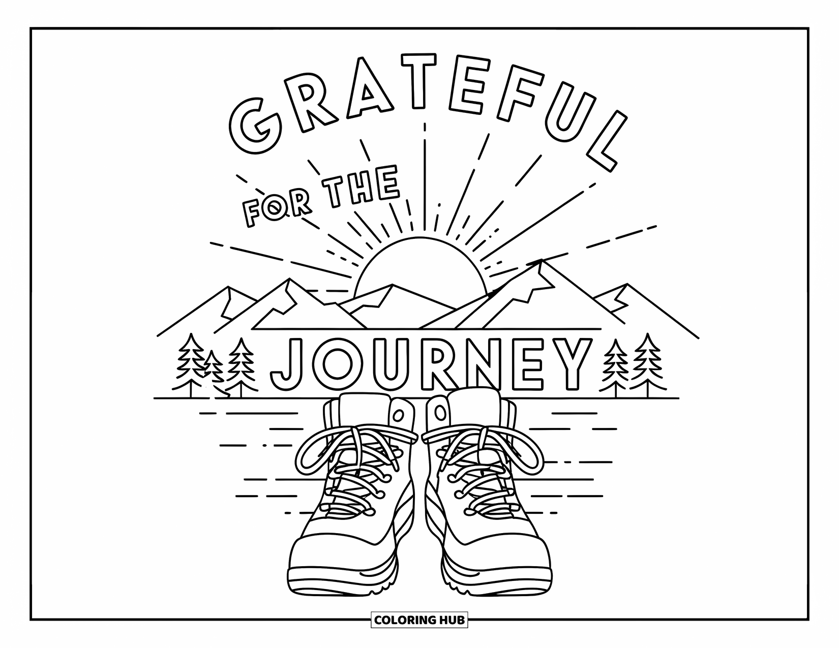 Grateful Coloring Page for Kids: A sunrise over mountains glows with the words "Grateful for the Journey"