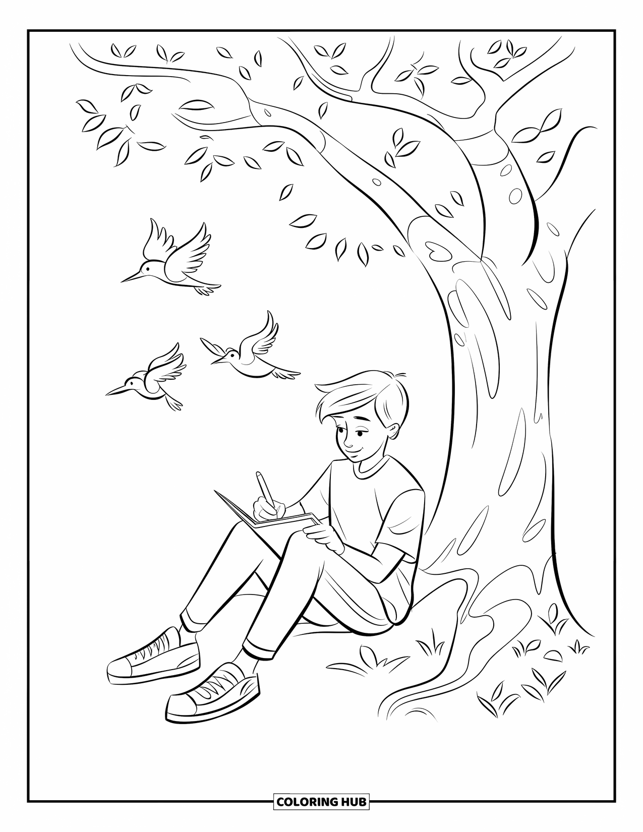 Grateful Coloring Page for Kids: A teen sketches under a tree with birds above and "Grateful for Creativity"