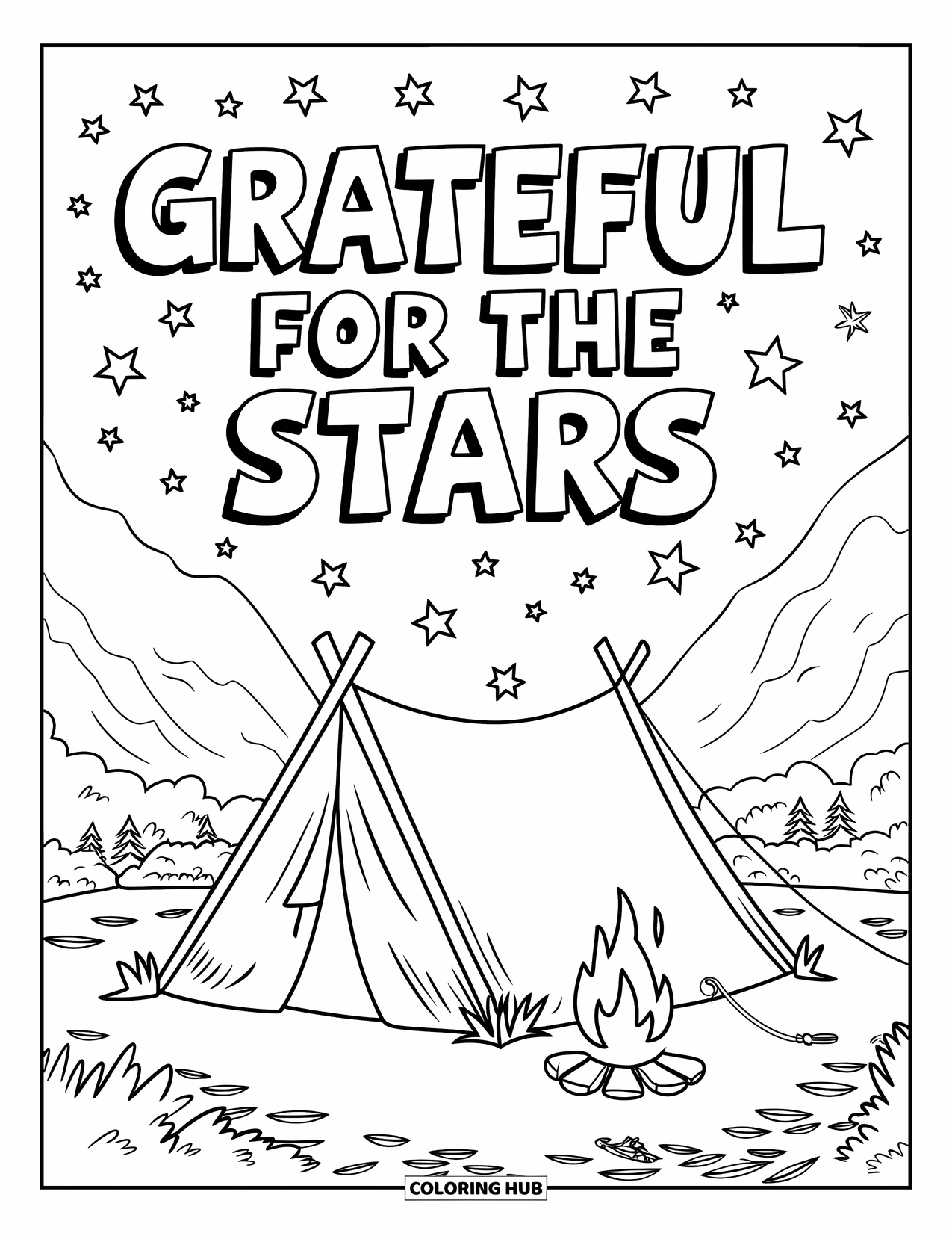Grateful Coloring Page for Kids: A tent and campfire glow under a sky that reads "Grateful for the Stars"