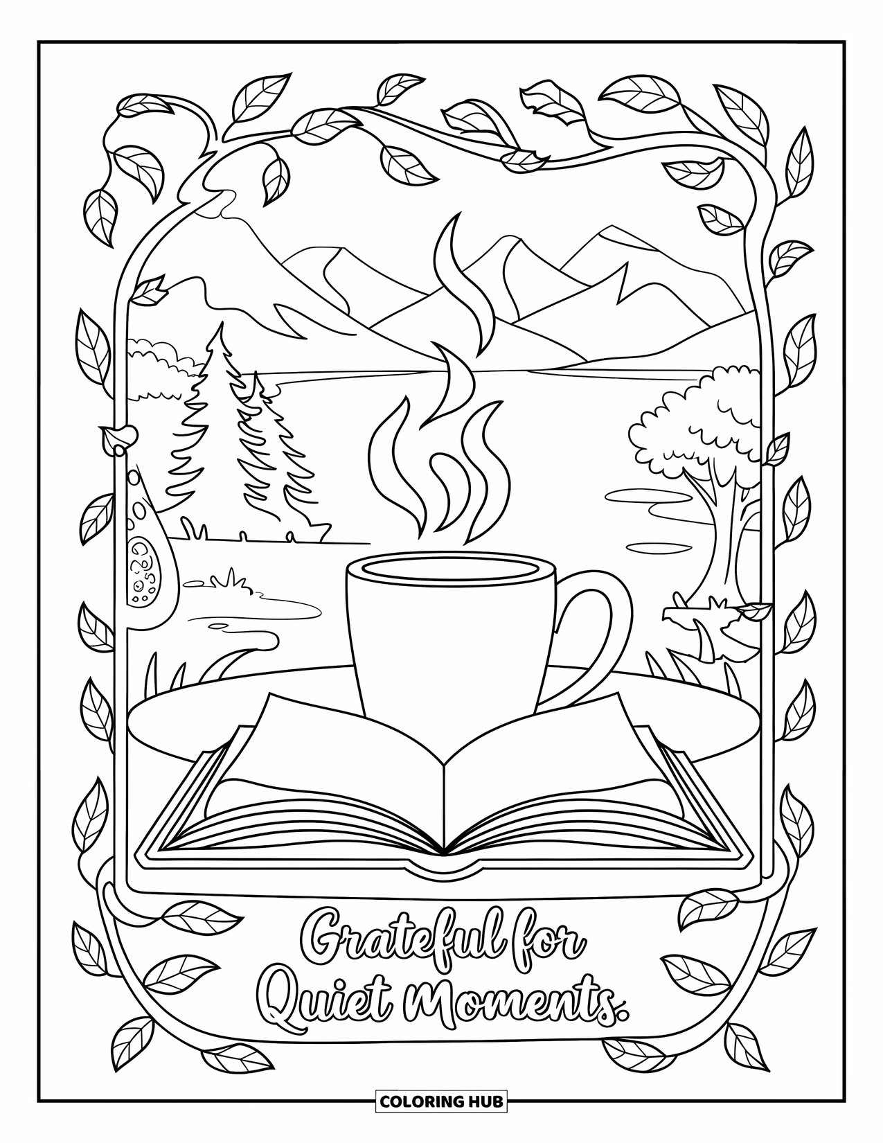 Grateful Coloring Page for Kids: An open book and warm mug sit beneath the words "Grateful for Quiet Moments"