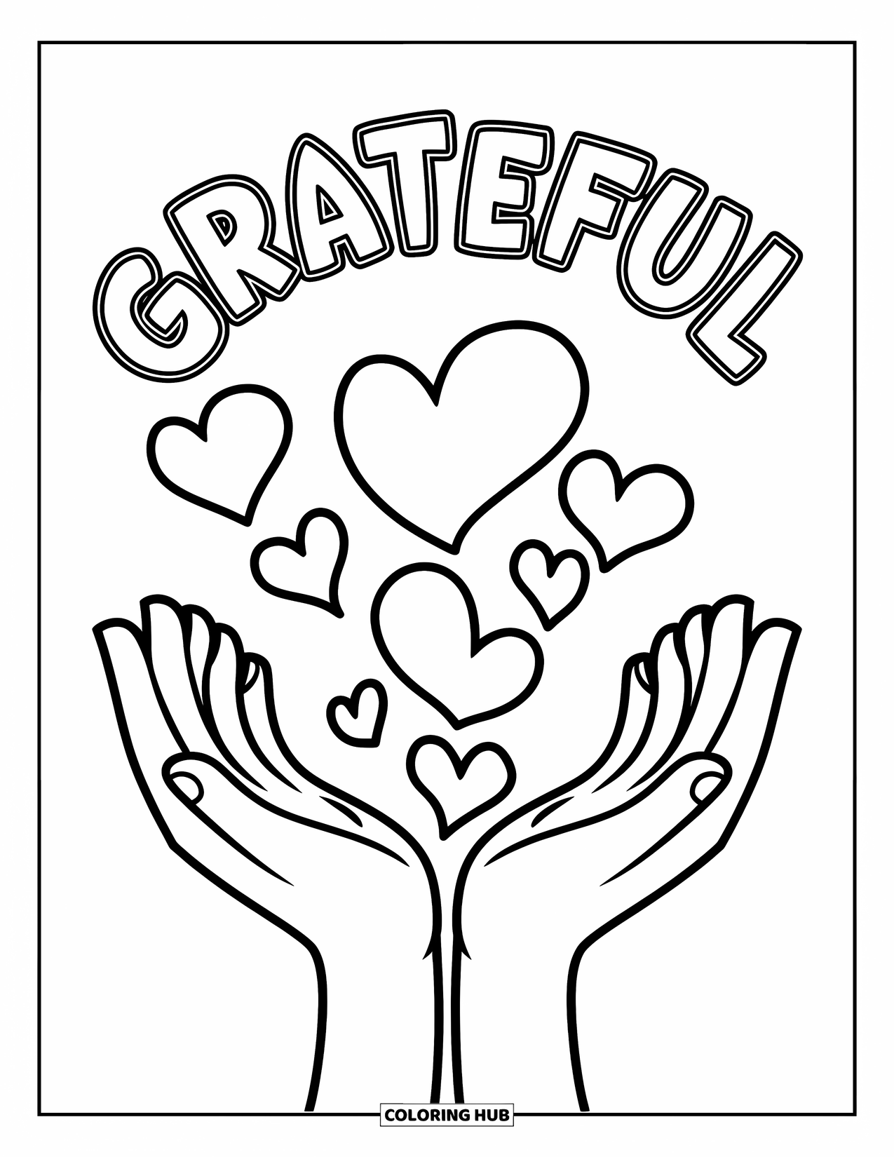 Grateful Coloring Page for Kids: Loving hands release hearts upward beneath the word "Grateful"