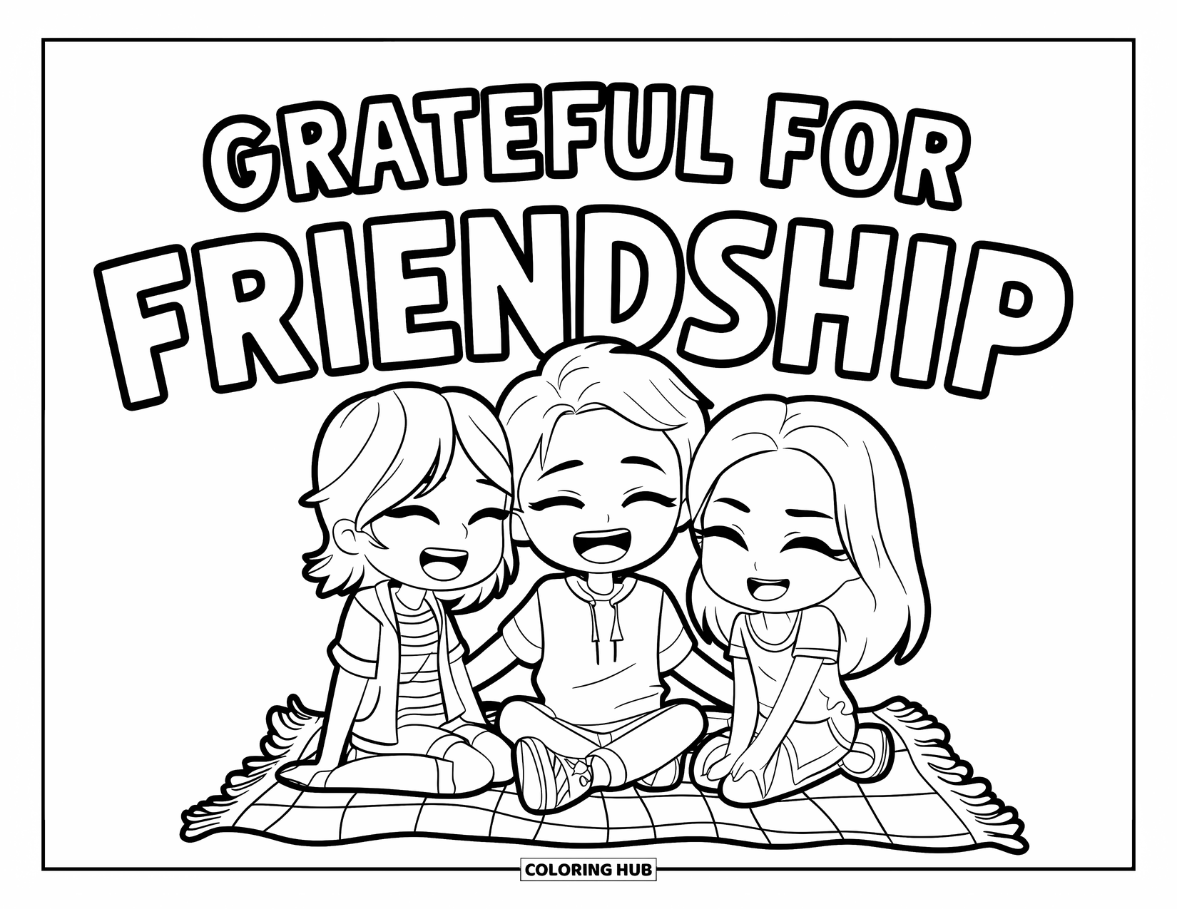 Grateful Coloring Page for Kids: Three friends laugh together on a picnic blanket under the words "Grateful for Friendship"