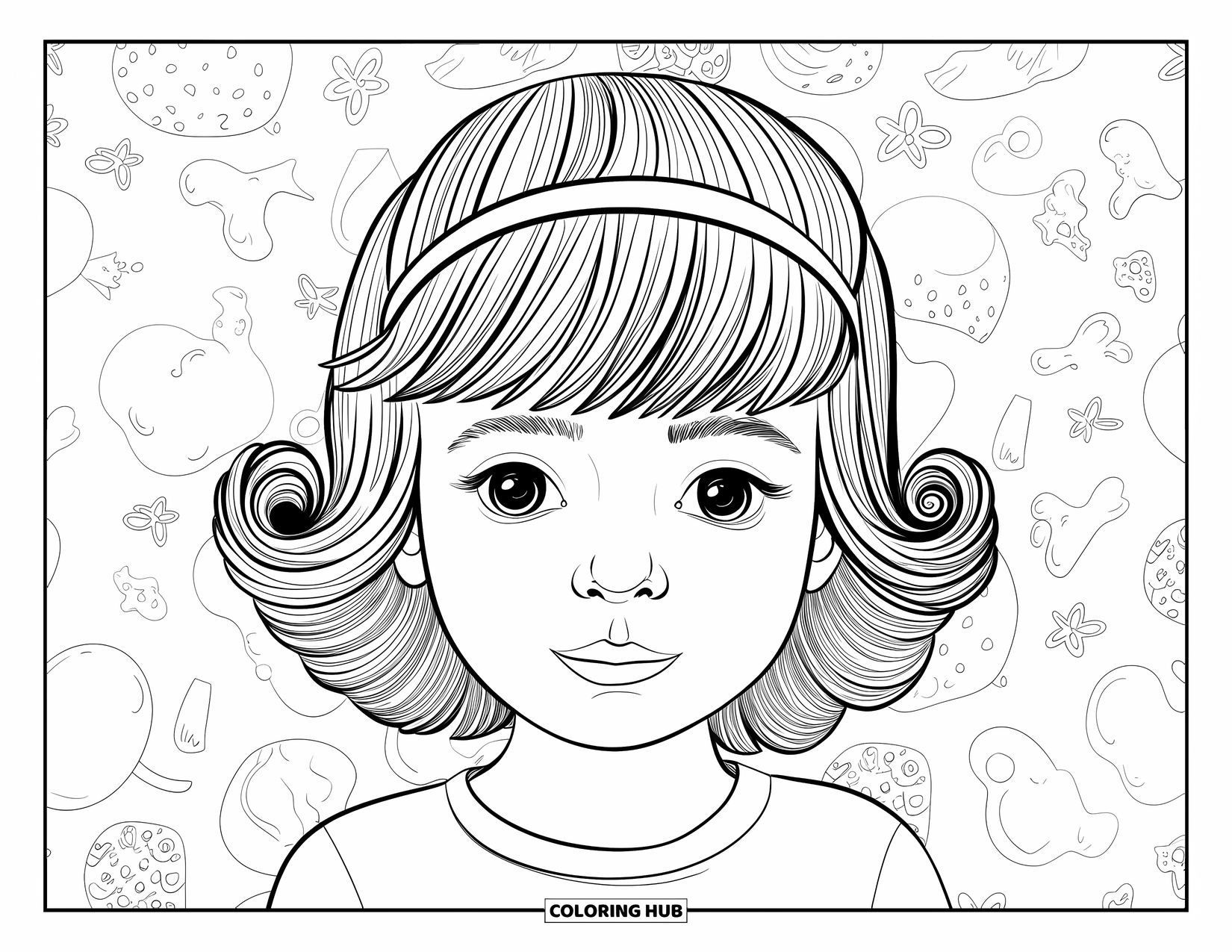 Hair Coloring Page for Adults: A boy with curtain bangs and curls, wearing a headband in a playful scene