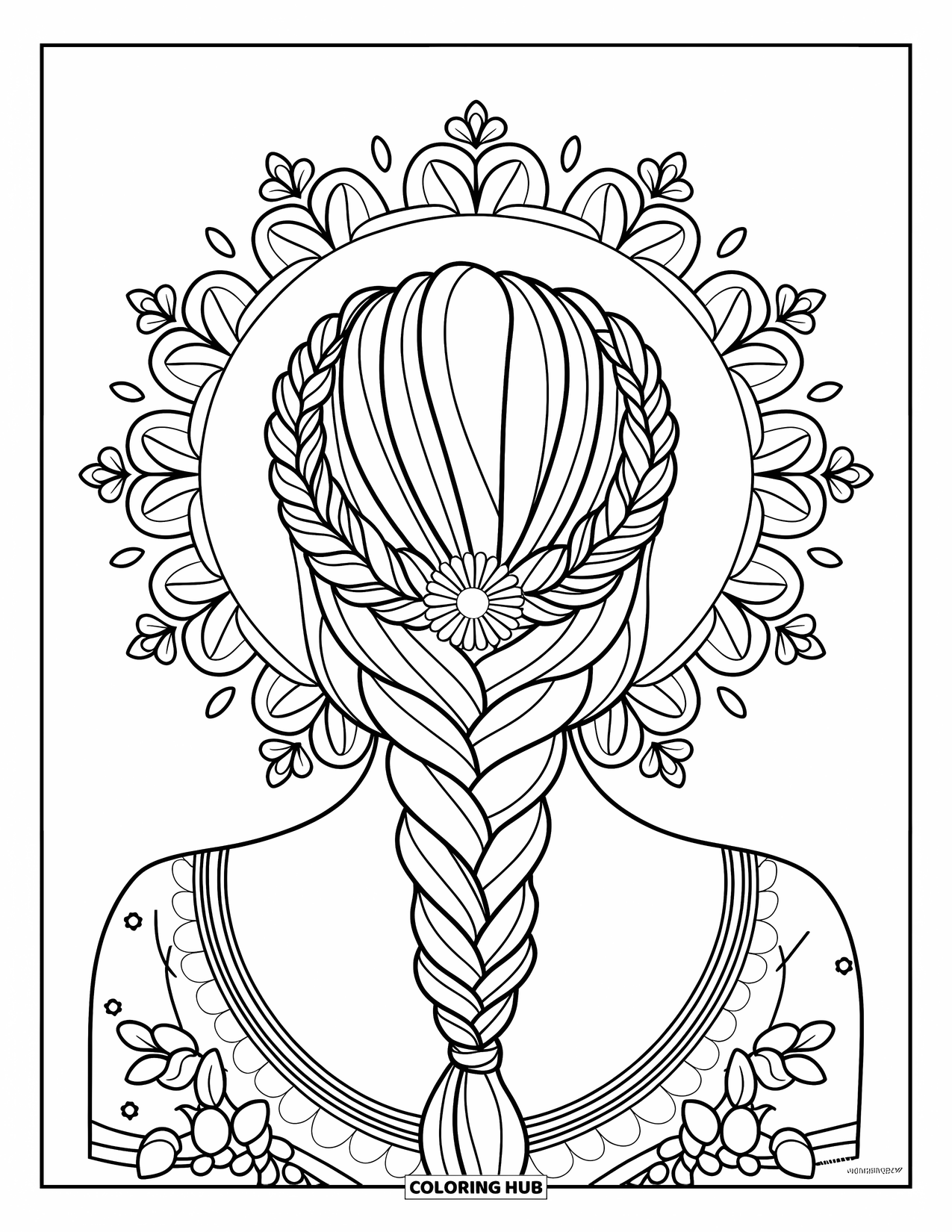 Hair Coloring Page for Adults: A braided crown framed by delicate mandala flowers and leaves