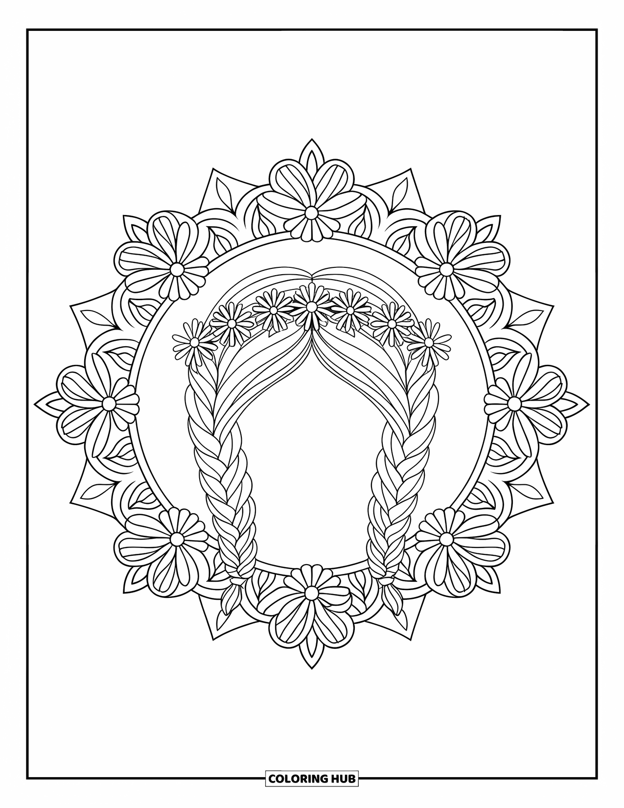 Hair Coloring Page for Adults: A braided crown hairstyle surrounded by a floral mandala border