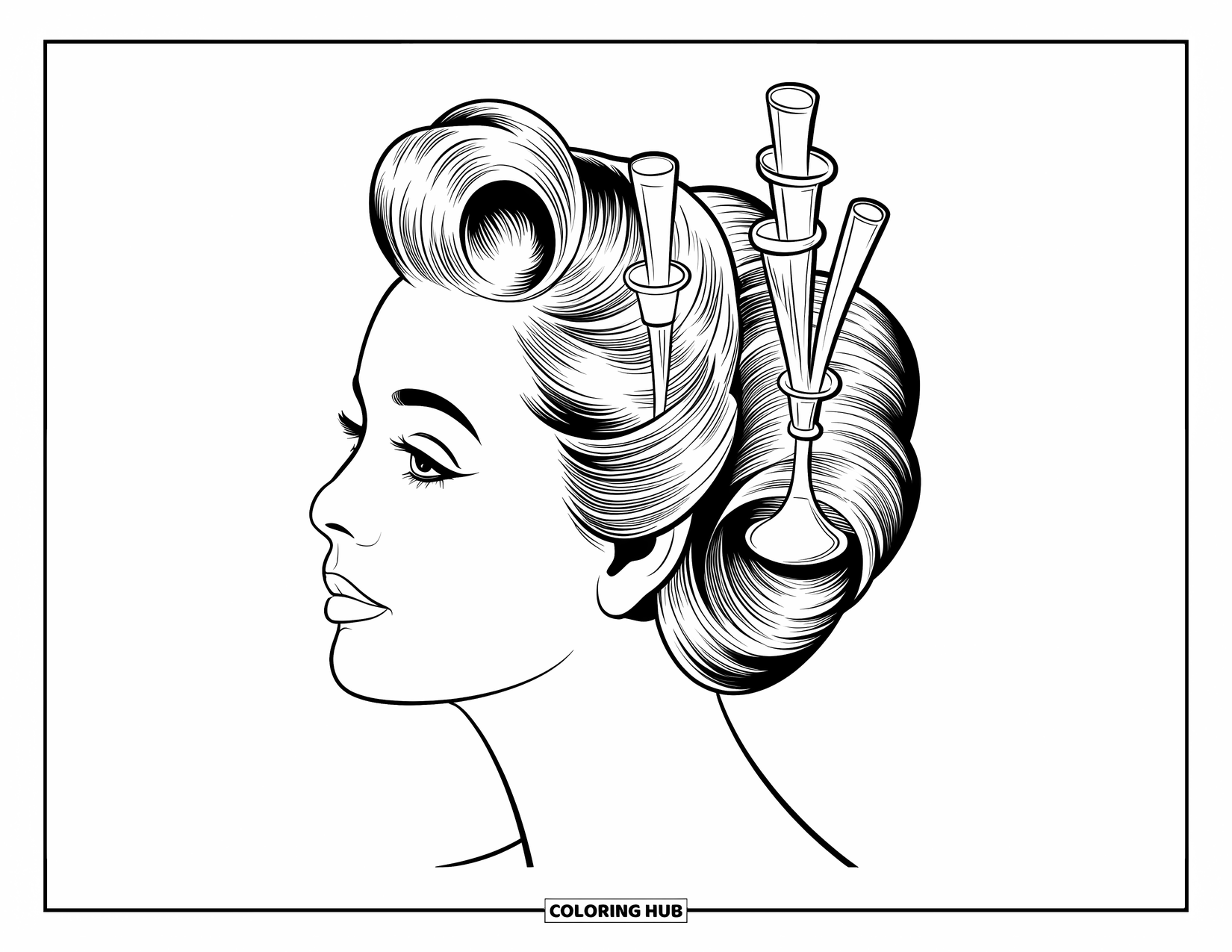 Hair Coloring Page for Adults: A classic updo framed by graceful art nouveau glass shapes